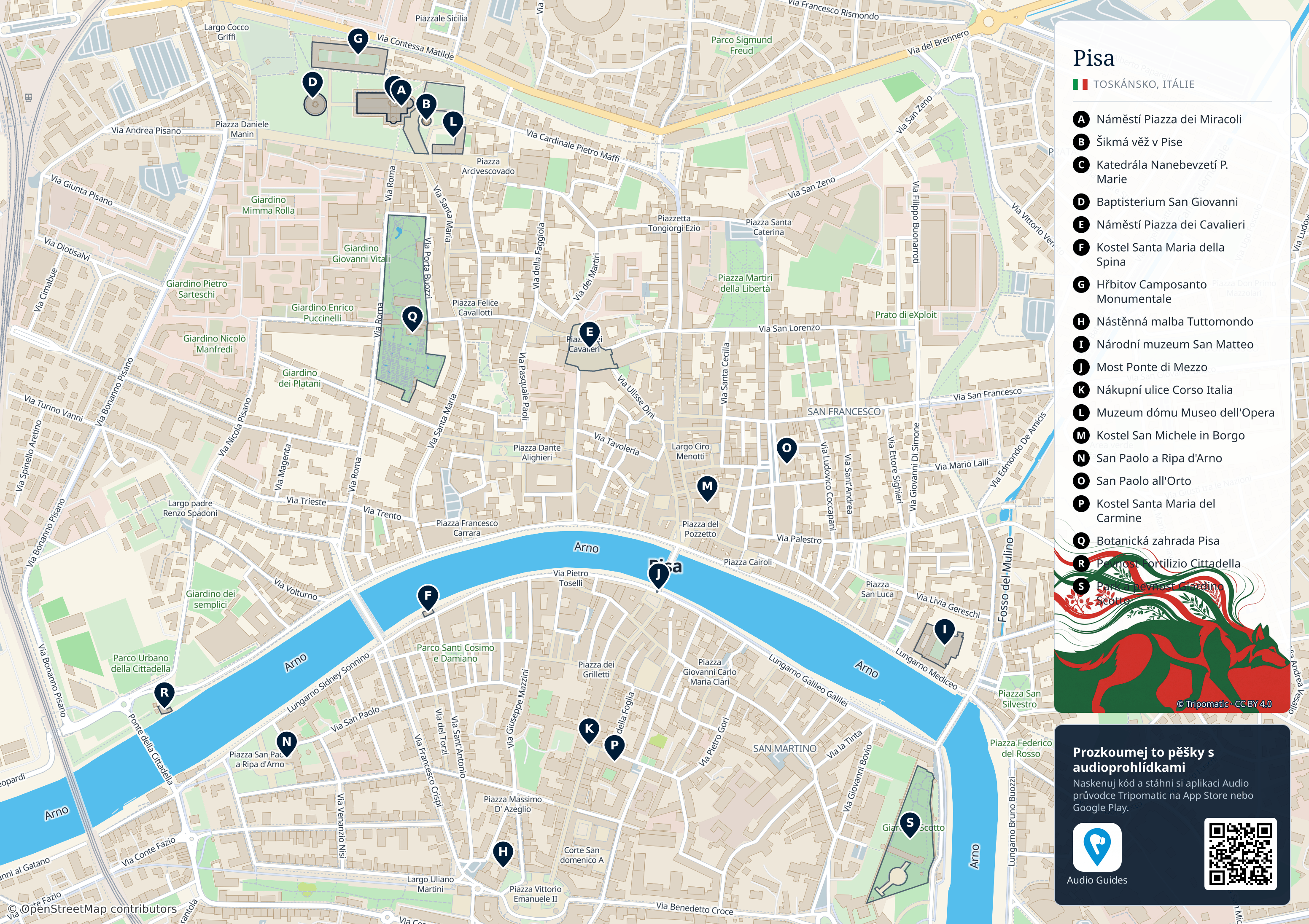 Pisa – turistická mapa k vytisknutí s očíslovanými hlavními památkami