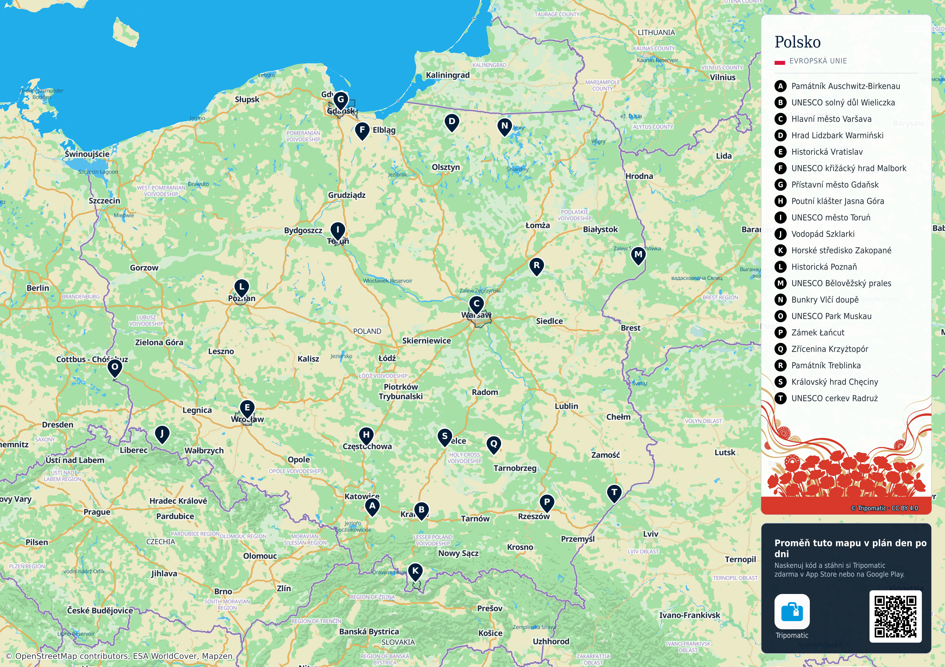 Polsko – turistická mapa k vytisknutí s očíslovanými hlavními památkami
