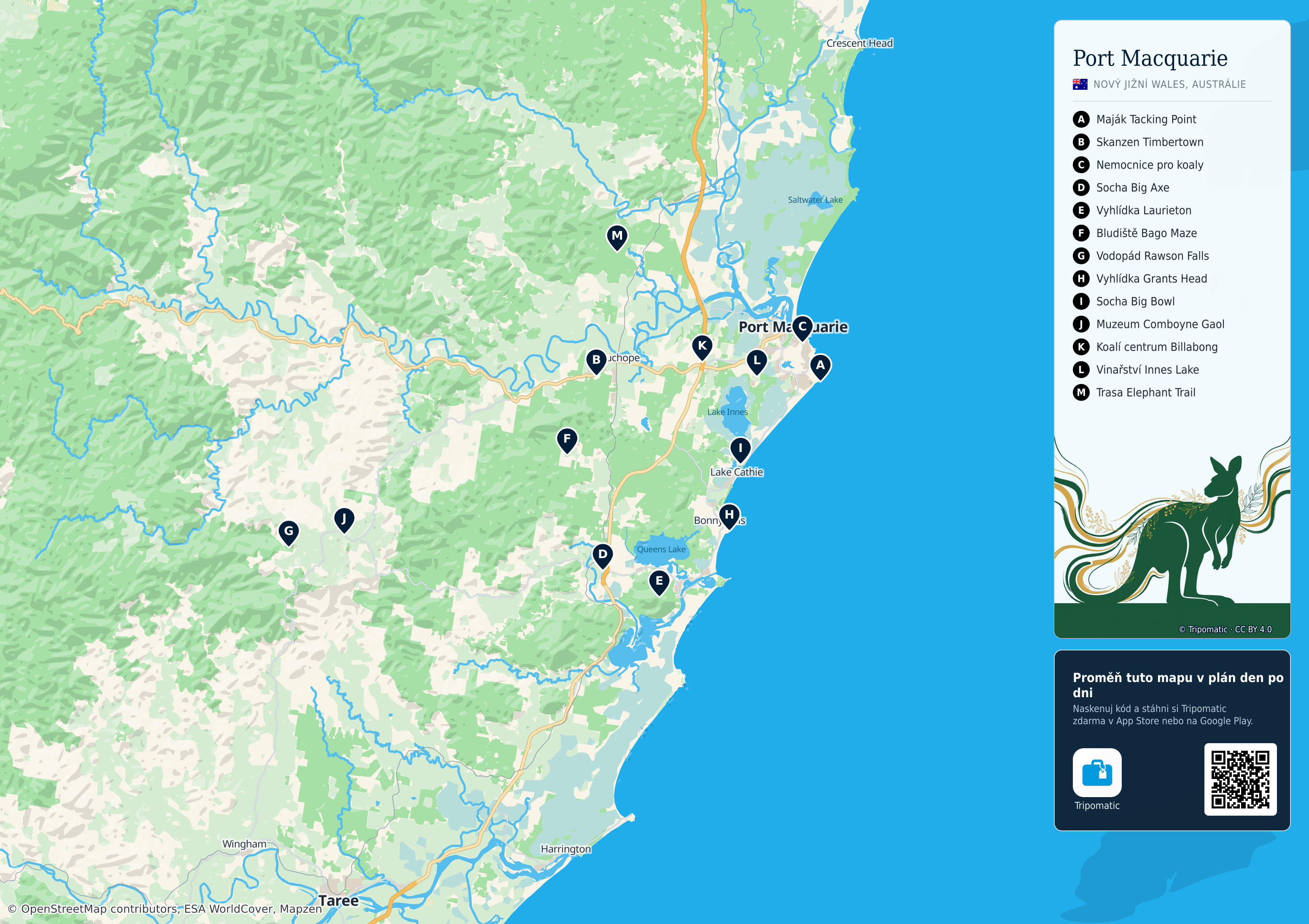 Rada Port Macquarie-Hastings – turistická mapa k vytisknutí s očíslovanými hlavními památkami