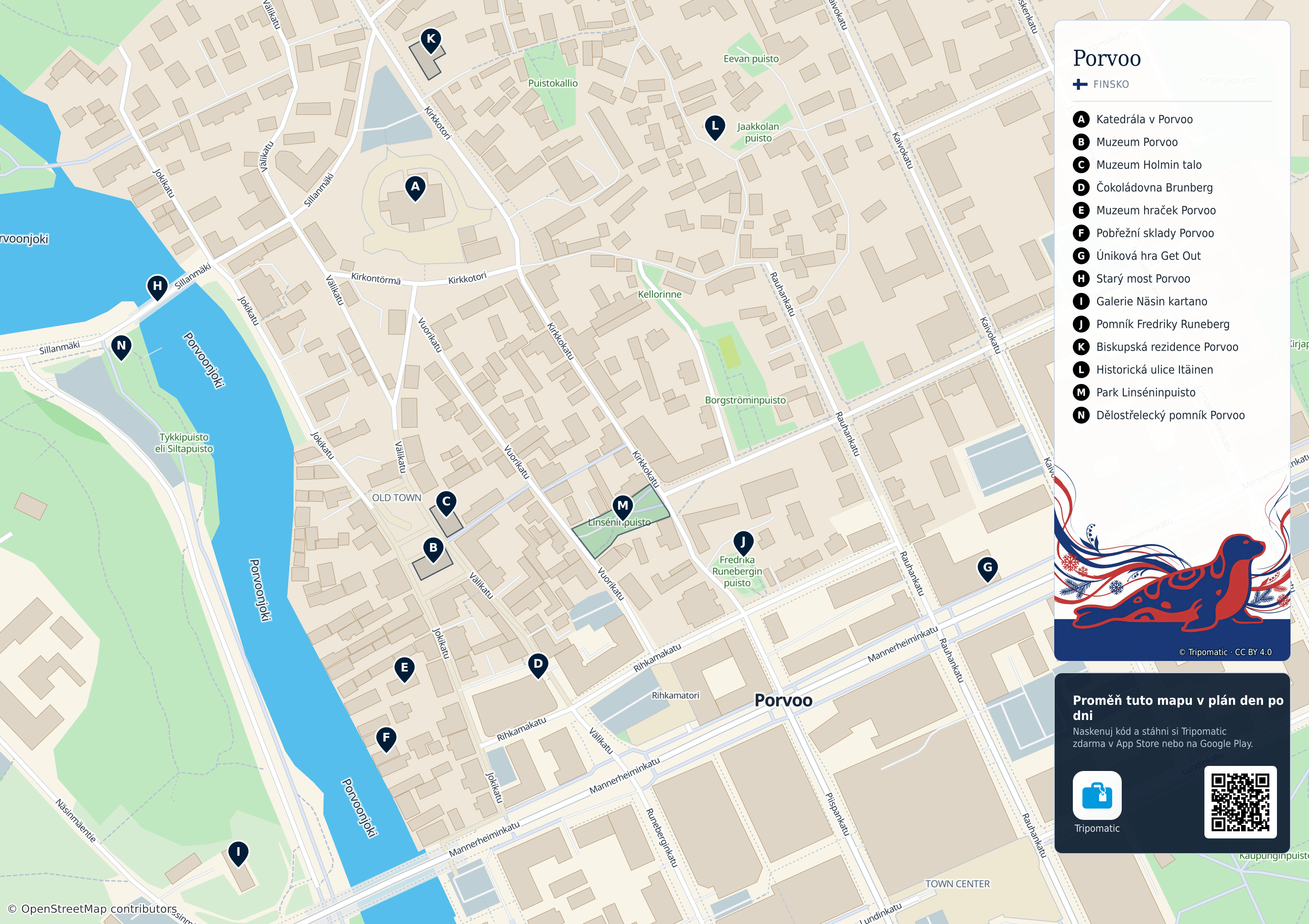 Porvoo – turistická mapa k vytisknutí s očíslovanými hlavními památkami