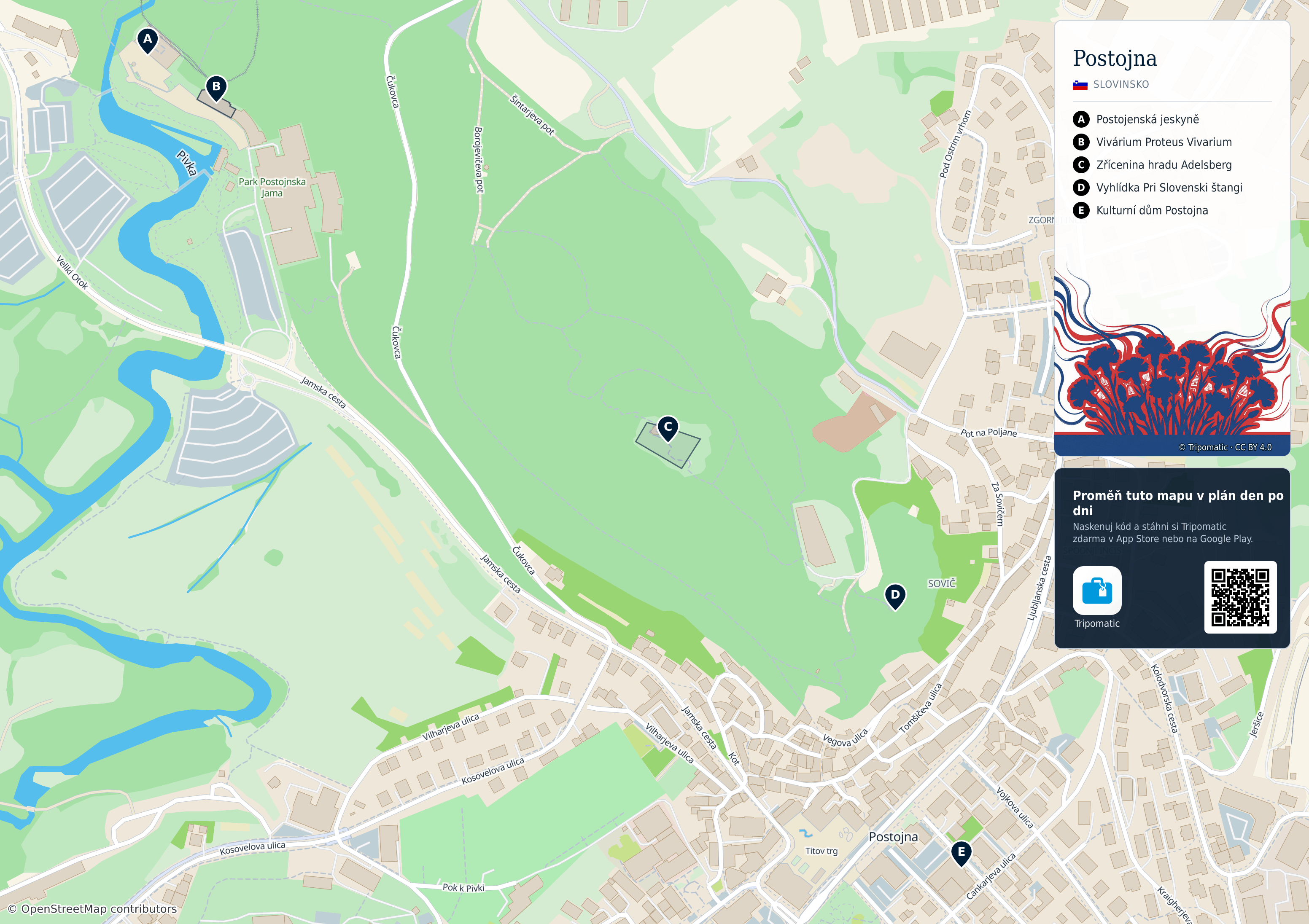 Postojna – turistická mapa k vytisknutí s očíslovanými hlavními památkami