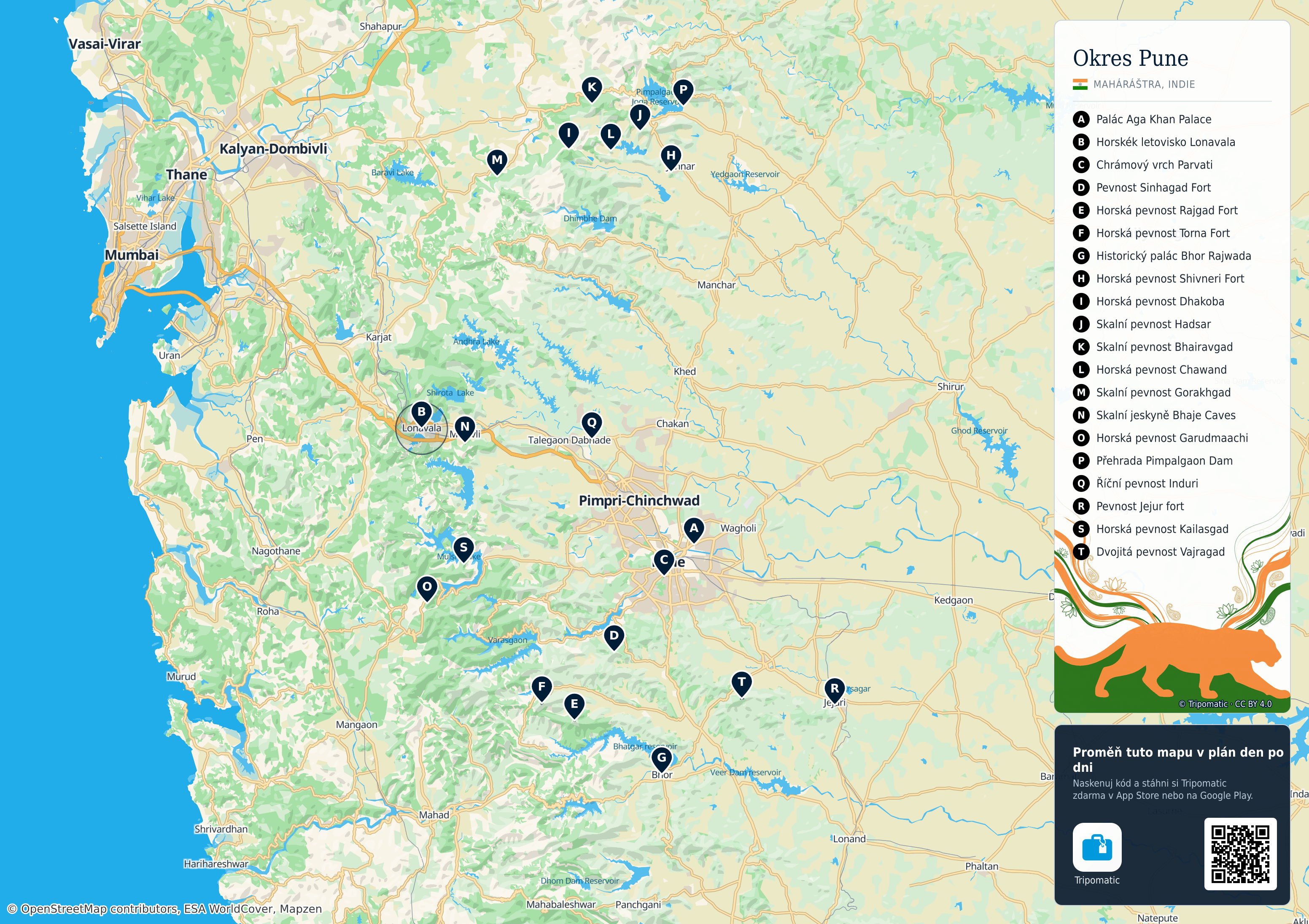 Pune – turistická mapa k vytisknutí s očíslovanými hlavními památkami