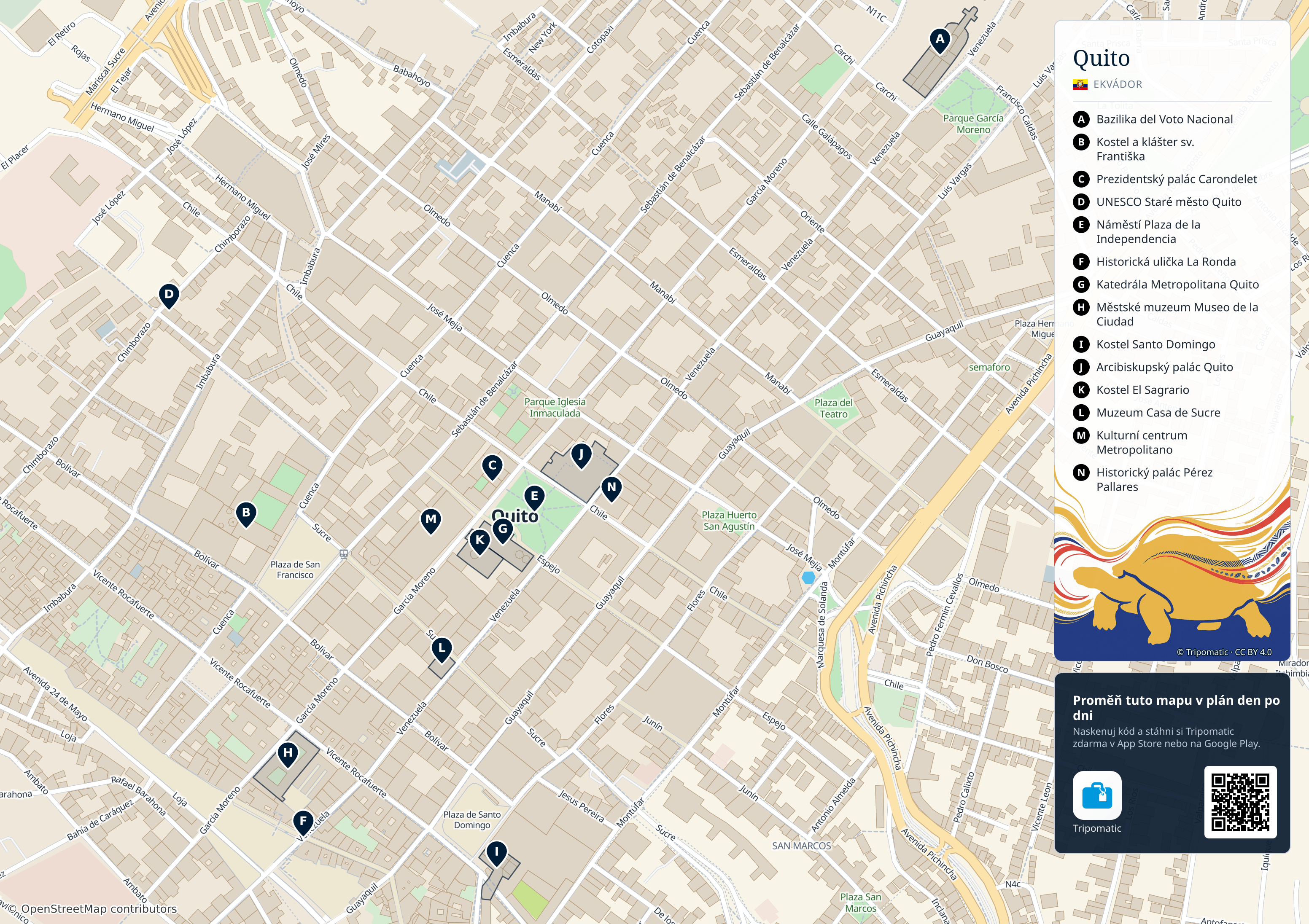 Quito – turistická mapa k vytisknutí s očíslovanými hlavními památkami