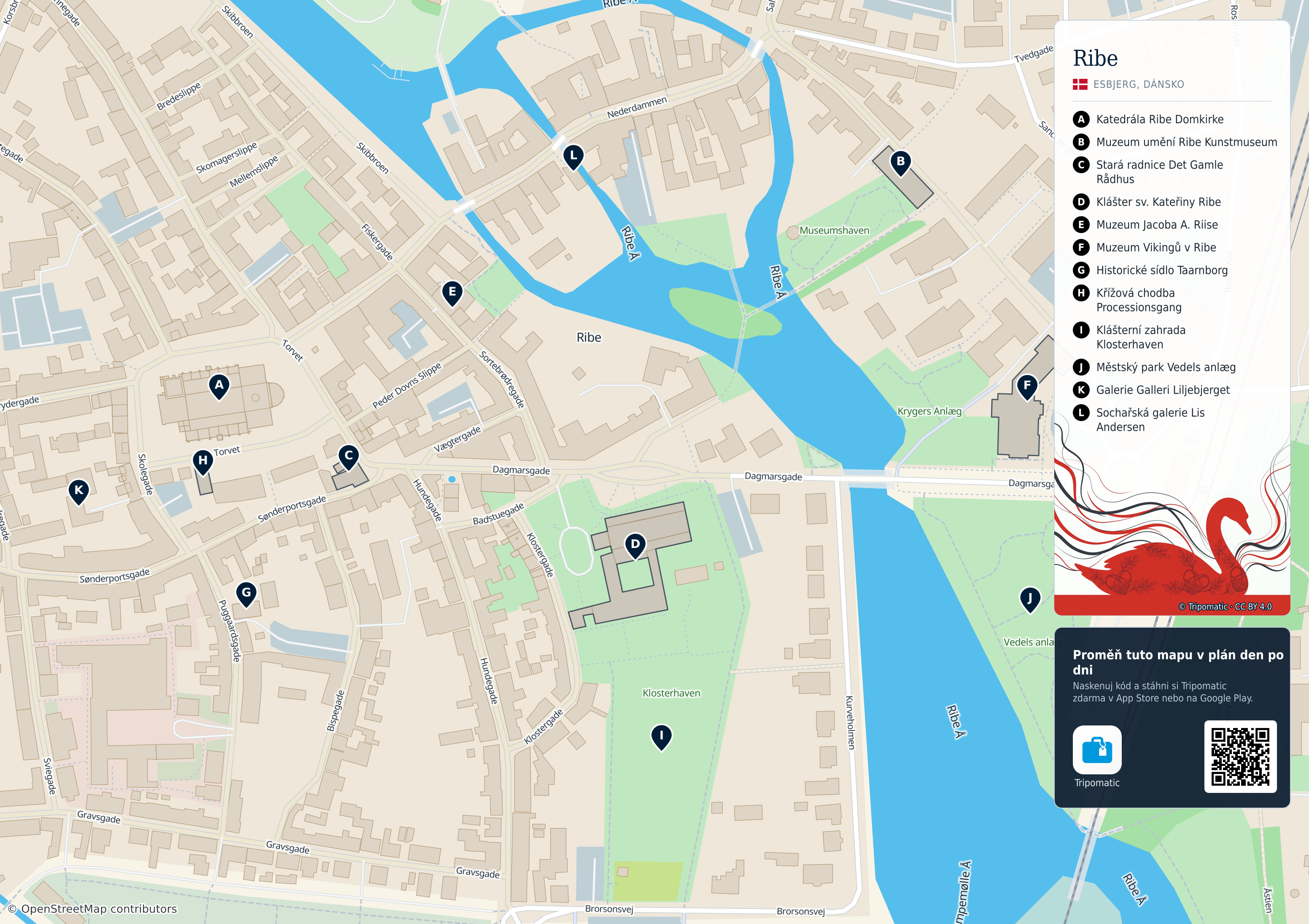 Ribe – turistická mapa k vytisknutí s očíslovanými hlavními památkami