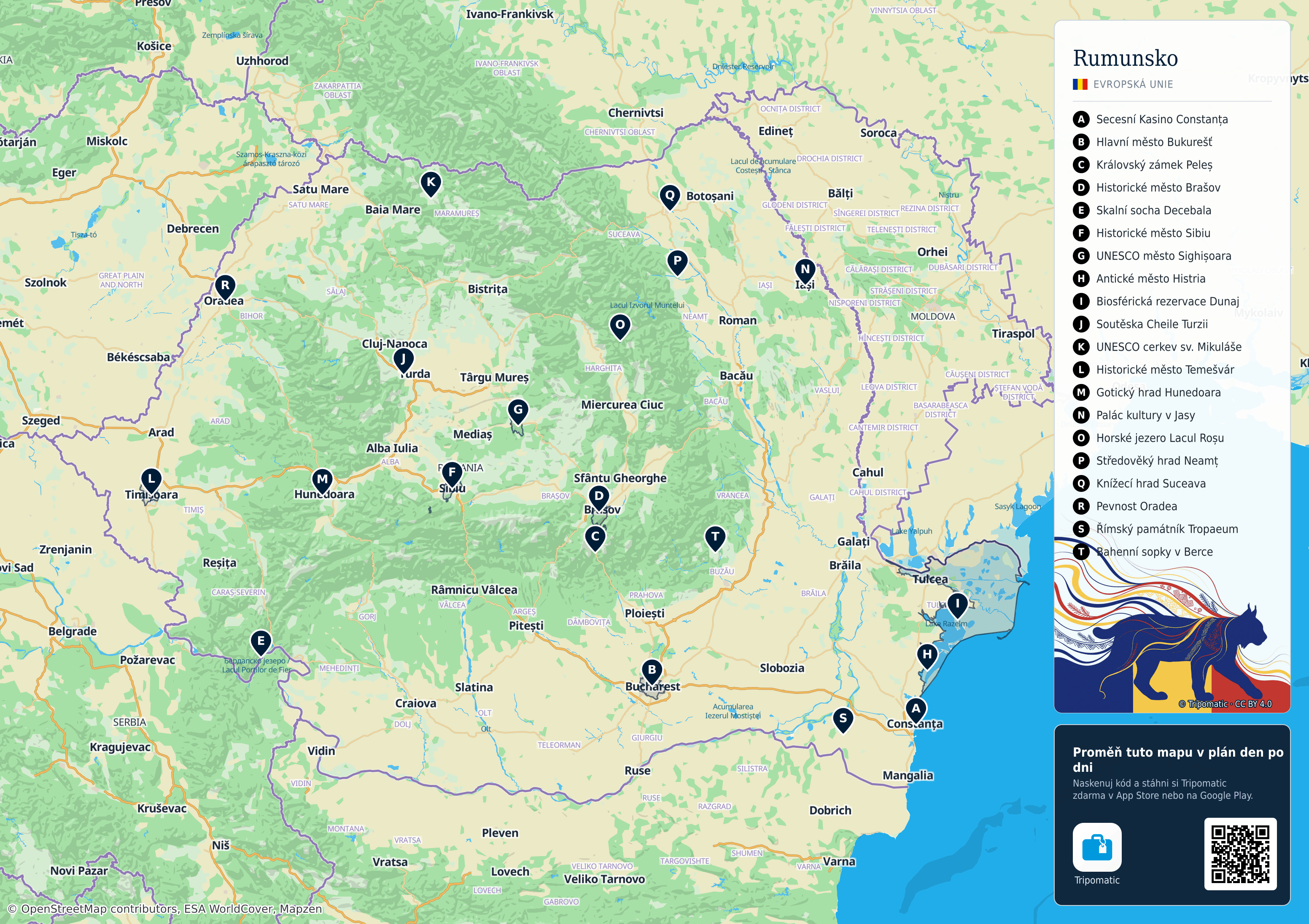 Rumunsko – turistická mapa k vytisknutí s očíslovanými hlavními památkami