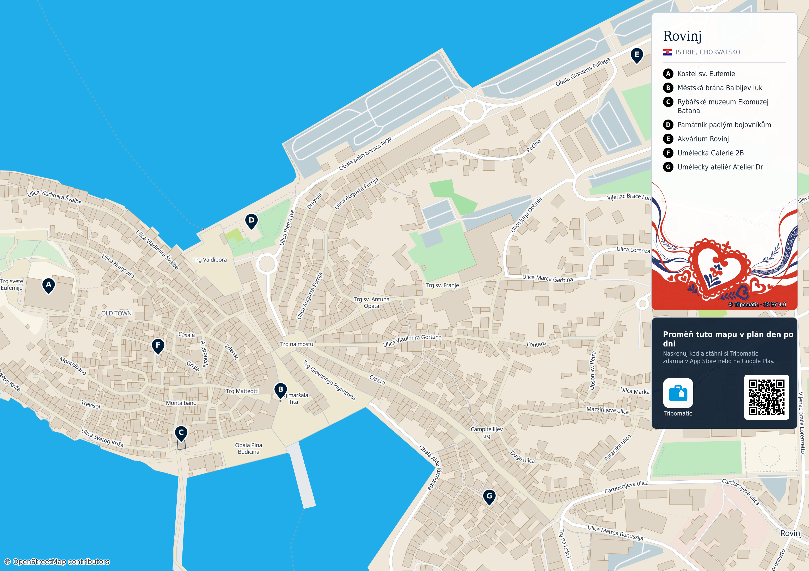 Rovinj – turistická mapa k vytisknutí s očíslovanými hlavními památkami