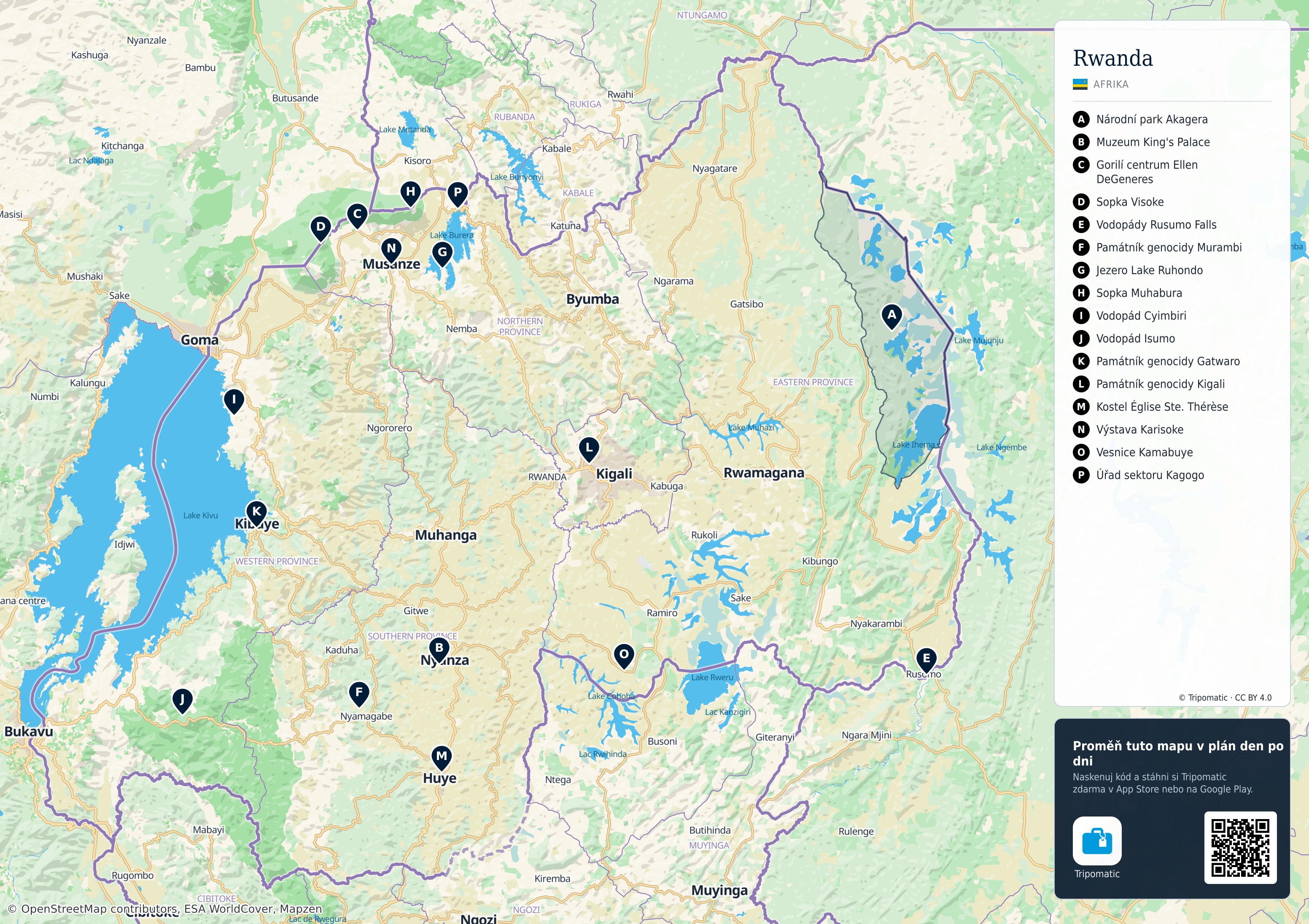 Rwanda – turistická mapa k vytisknutí s očíslovanými hlavními památkami