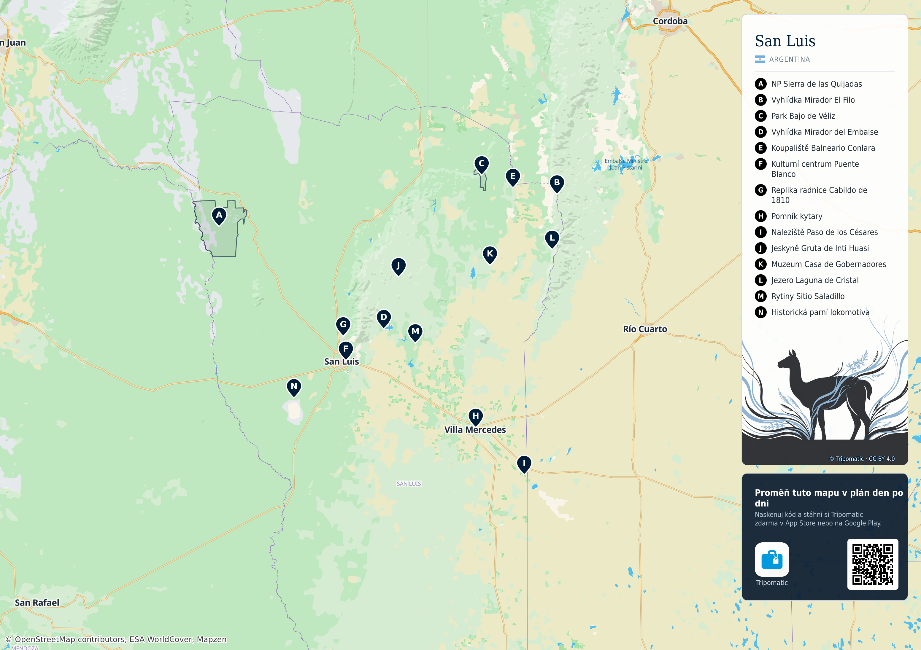 San Luis – turistická mapa k vytisknutí s očíslovanými hlavními památkami