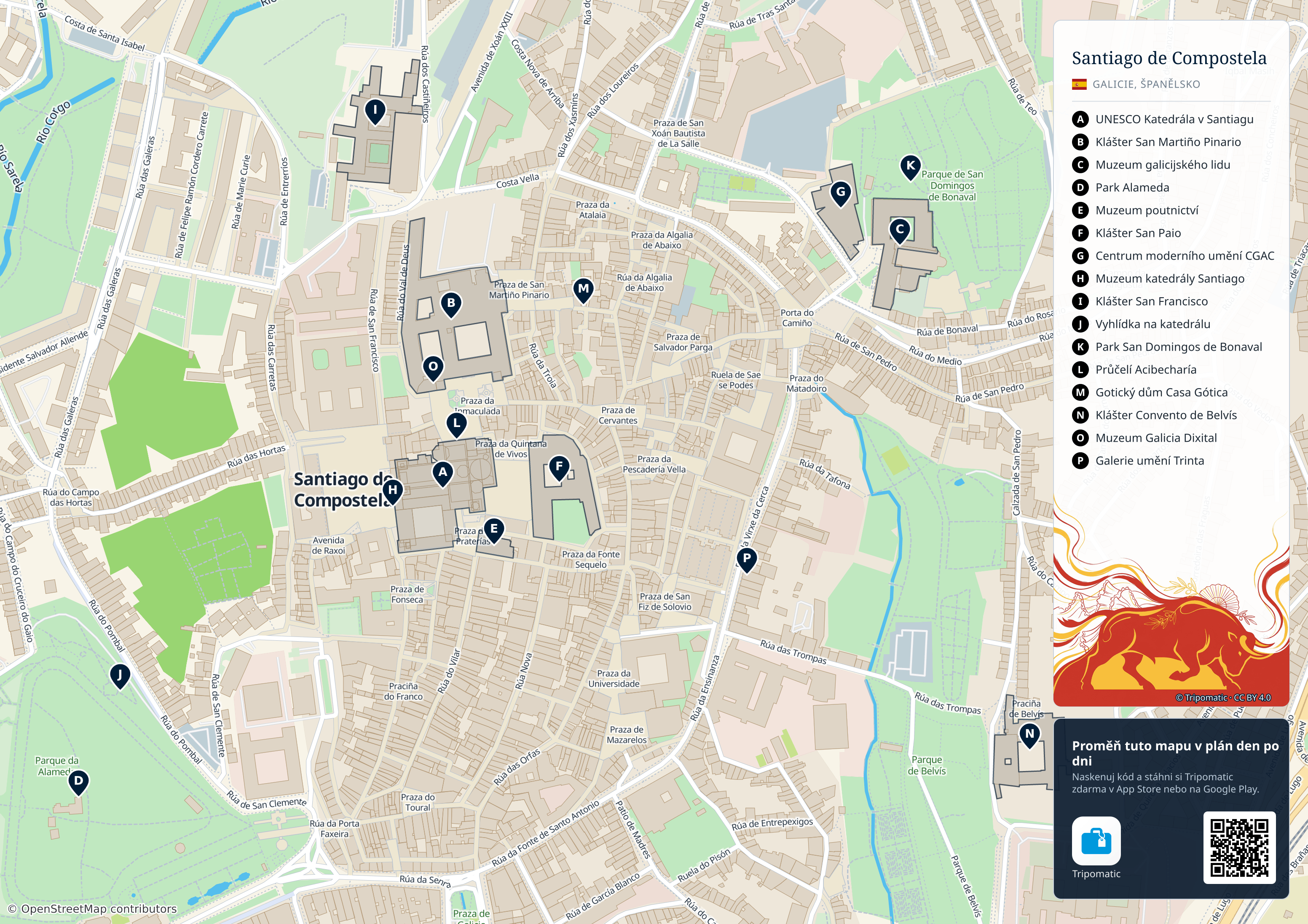 Santiago de Compostela – turistická mapa k vytisknutí s očíslovanými hlavními památkami