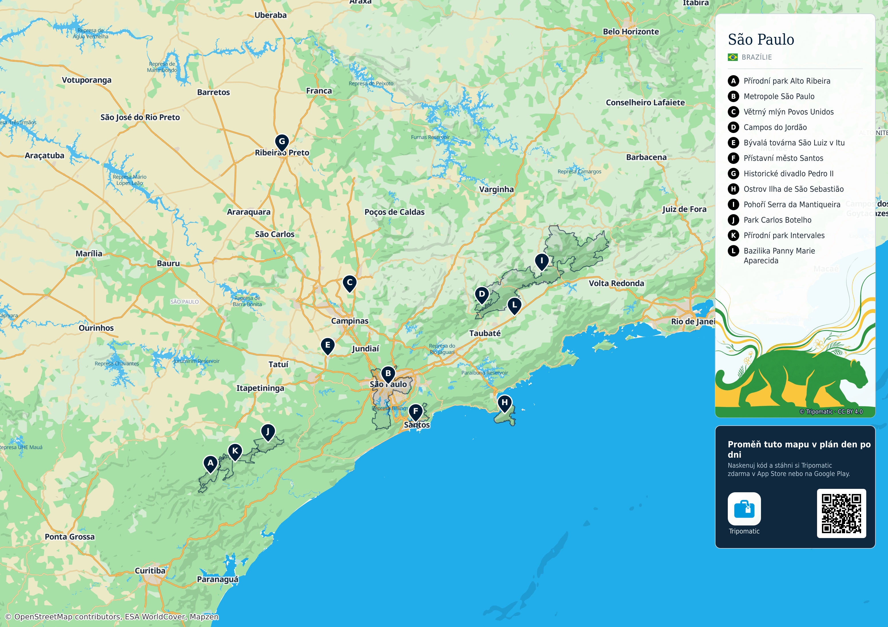 São Paulo – turistická mapa k vytisknutí s očíslovanými hlavními památkami