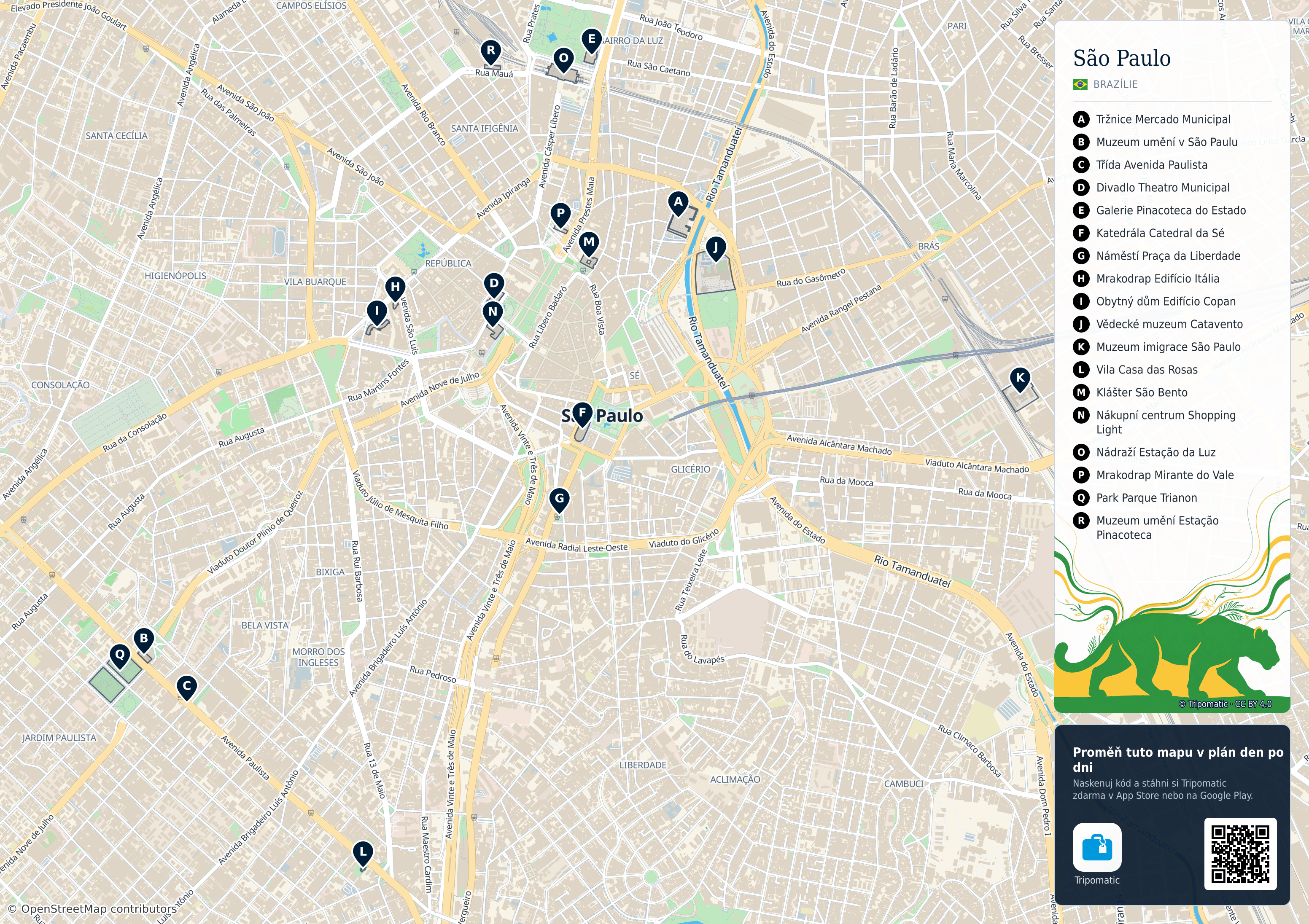 São Paulo – turistická mapa k vytisknutí s očíslovanými hlavními památkami