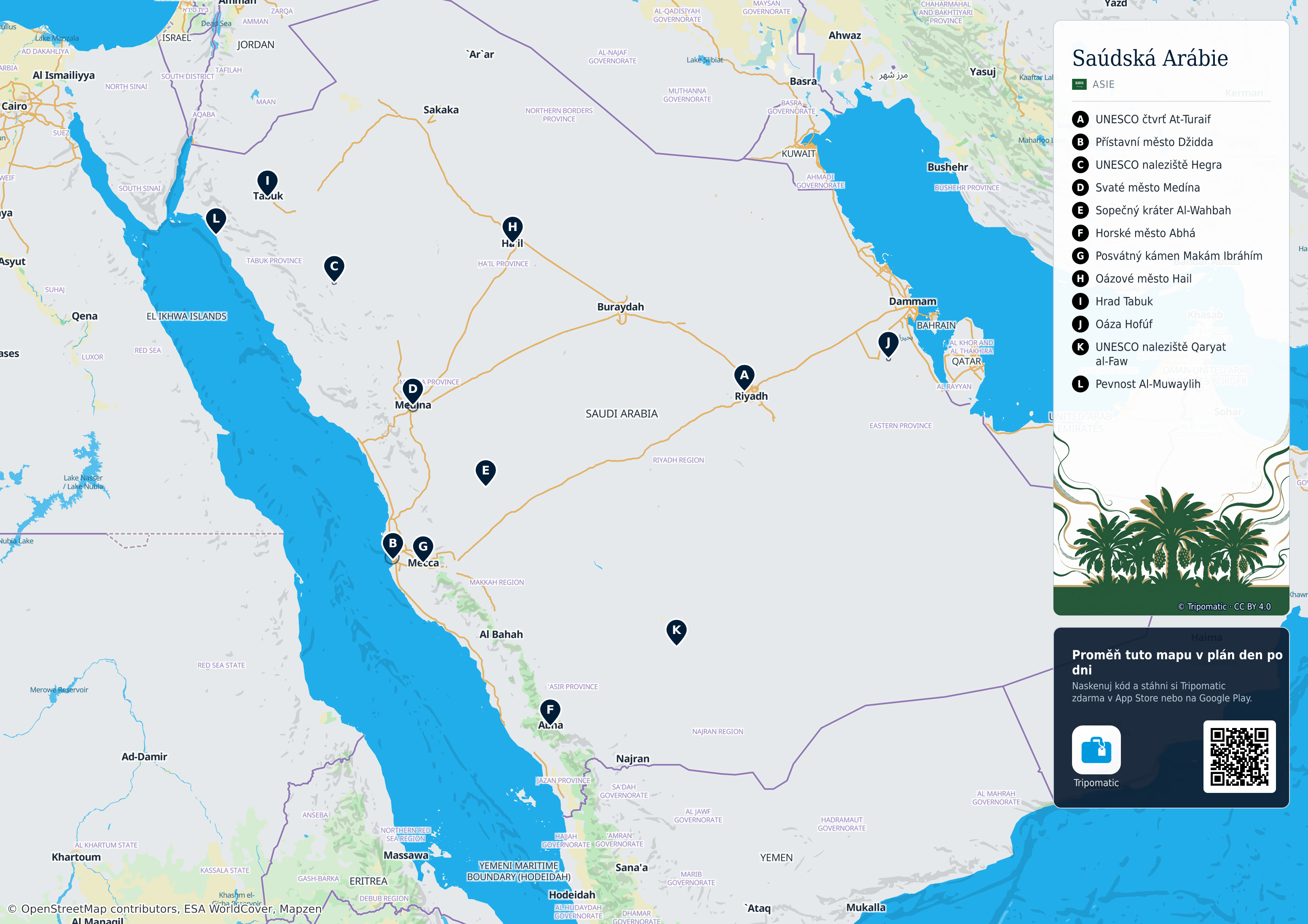 Saúdská Arábie – turistická mapa k vytisknutí s očíslovanými hlavními památkami