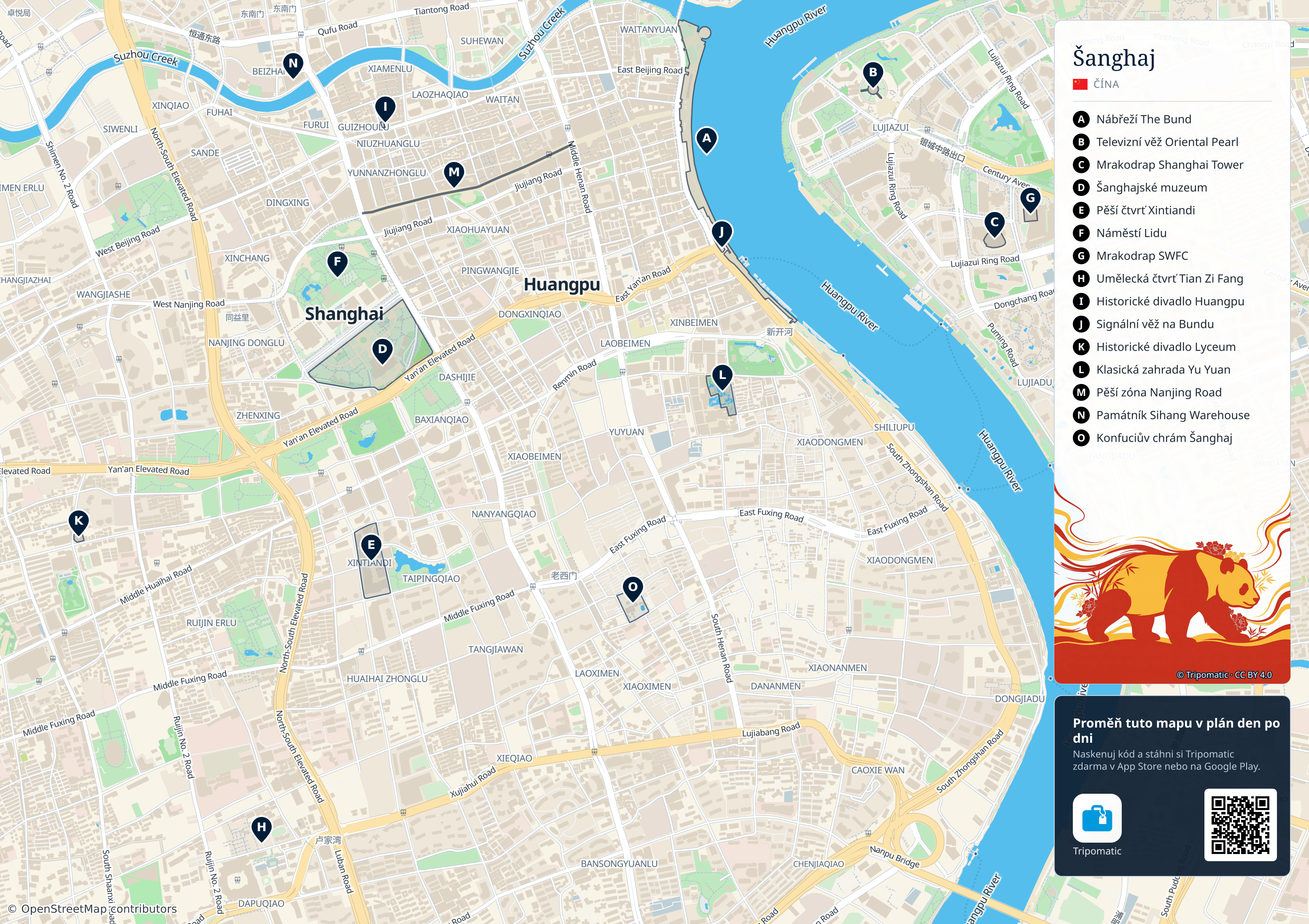 Šanghaj – turistická mapa k vytisknutí s očíslovanými hlavními památkami