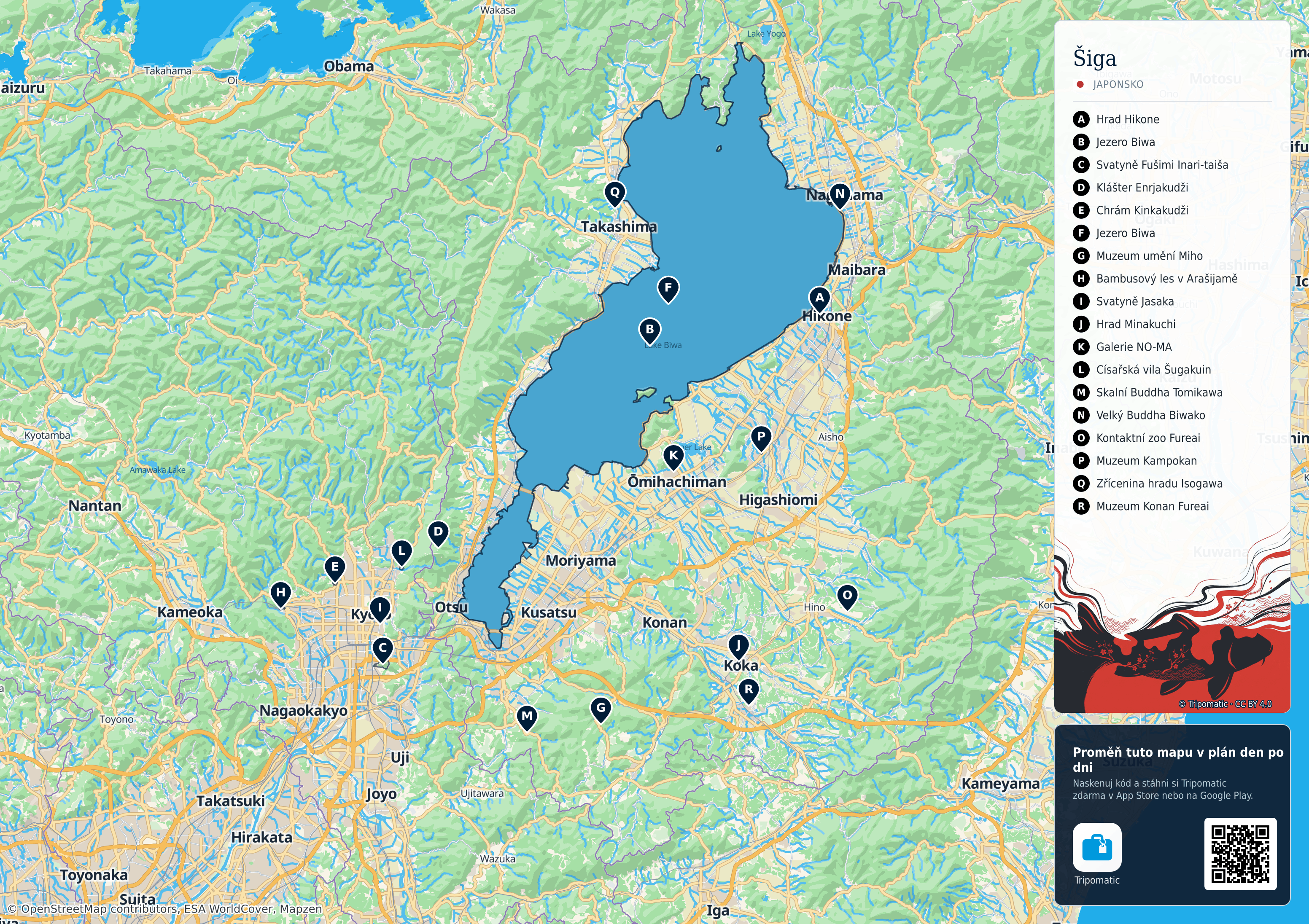 Prefektura Šiga – turistická mapa k vytisknutí s očíslovanými hlavními památkami