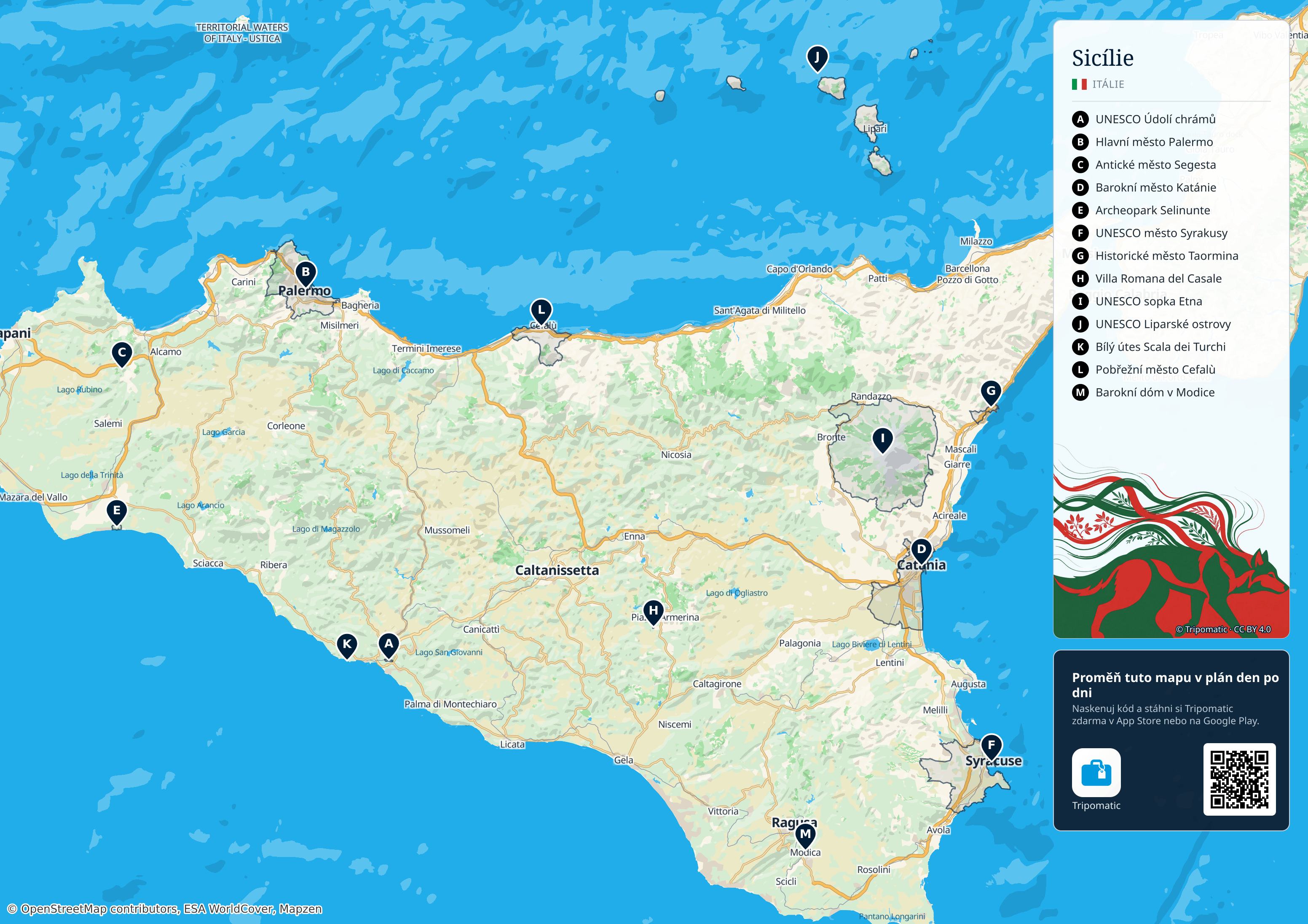 Sicílie – turistická mapa k vytisknutí s očíslovanými hlavními památkami