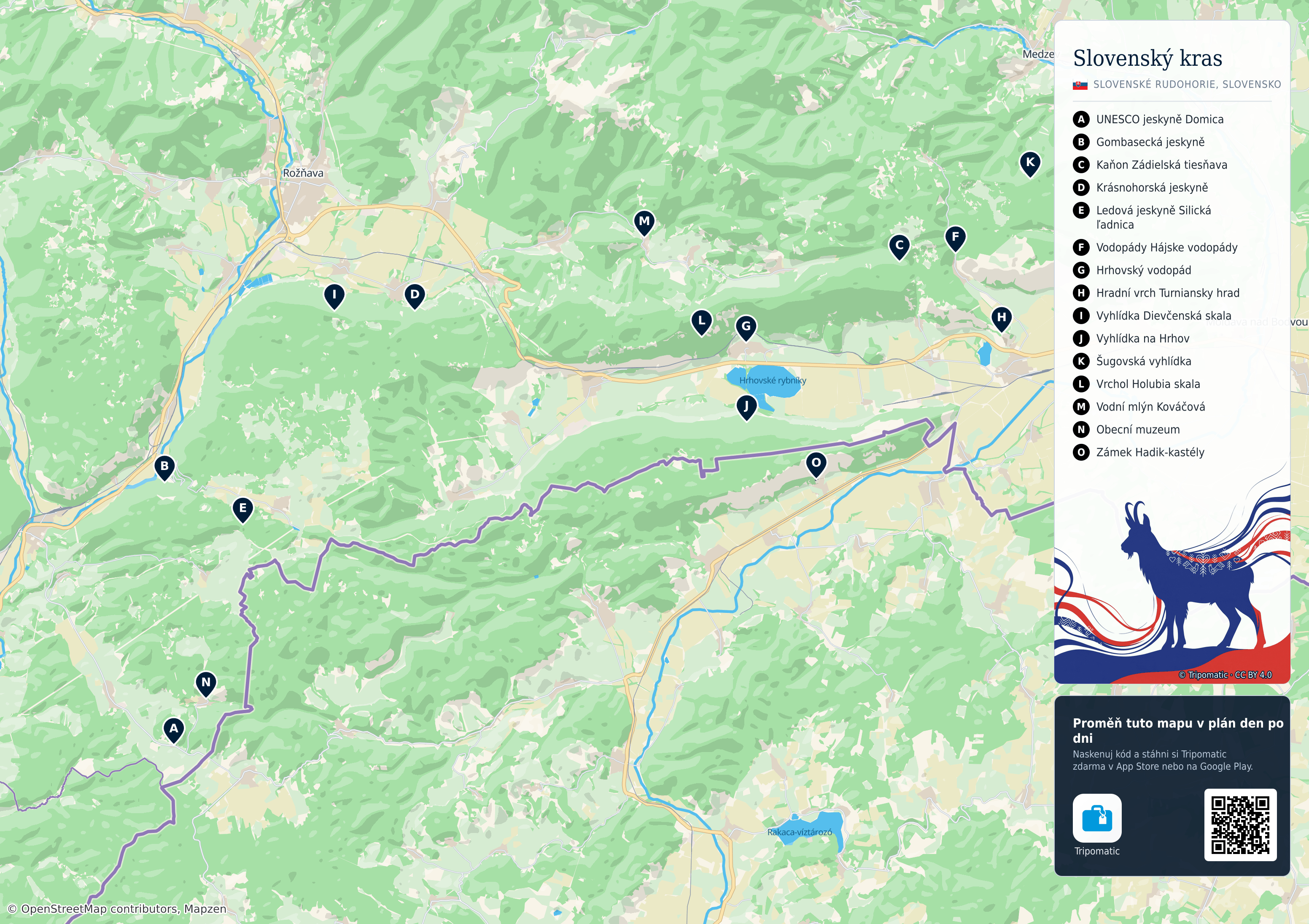 Slovenský kras – turistická mapa k vytisknutí s očíslovanými hlavními památkami