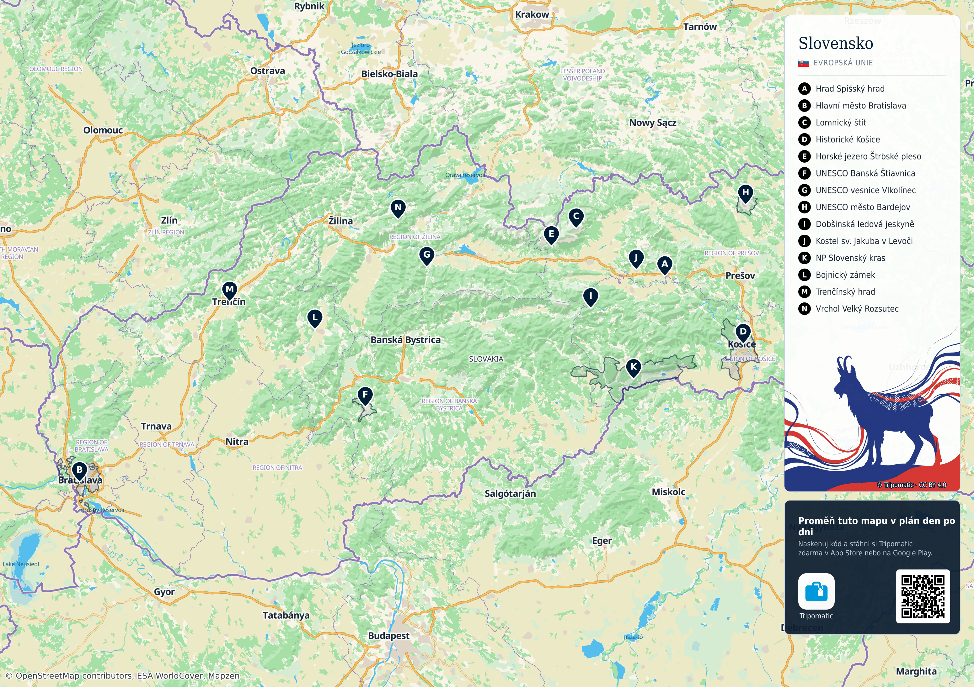 Slovensko – turistická mapa k vytisknutí s očíslovanými hlavními památkami
