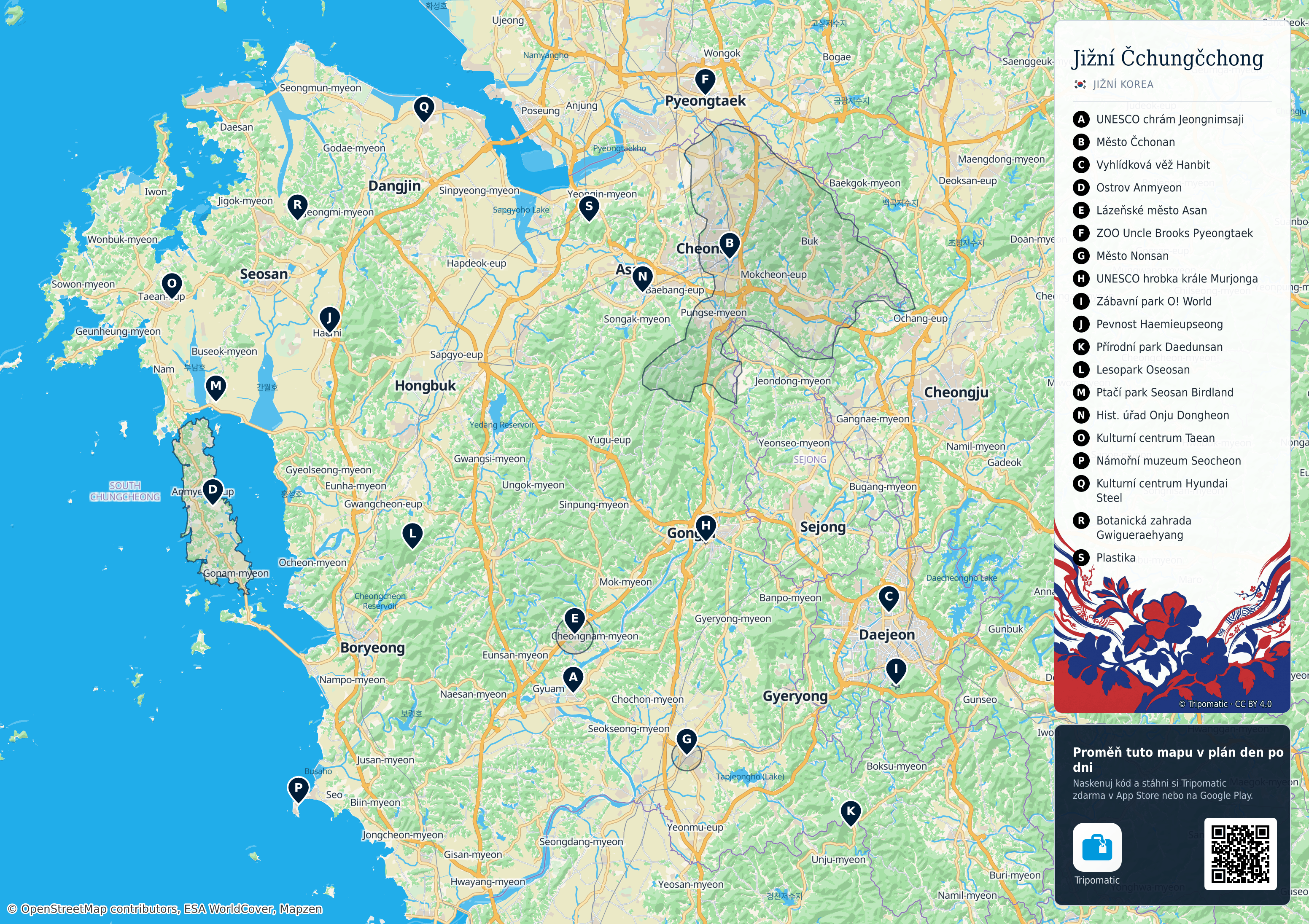 Jižní Čchungčchong – turistická mapa k vytisknutí s očíslovanými hlavními památkami