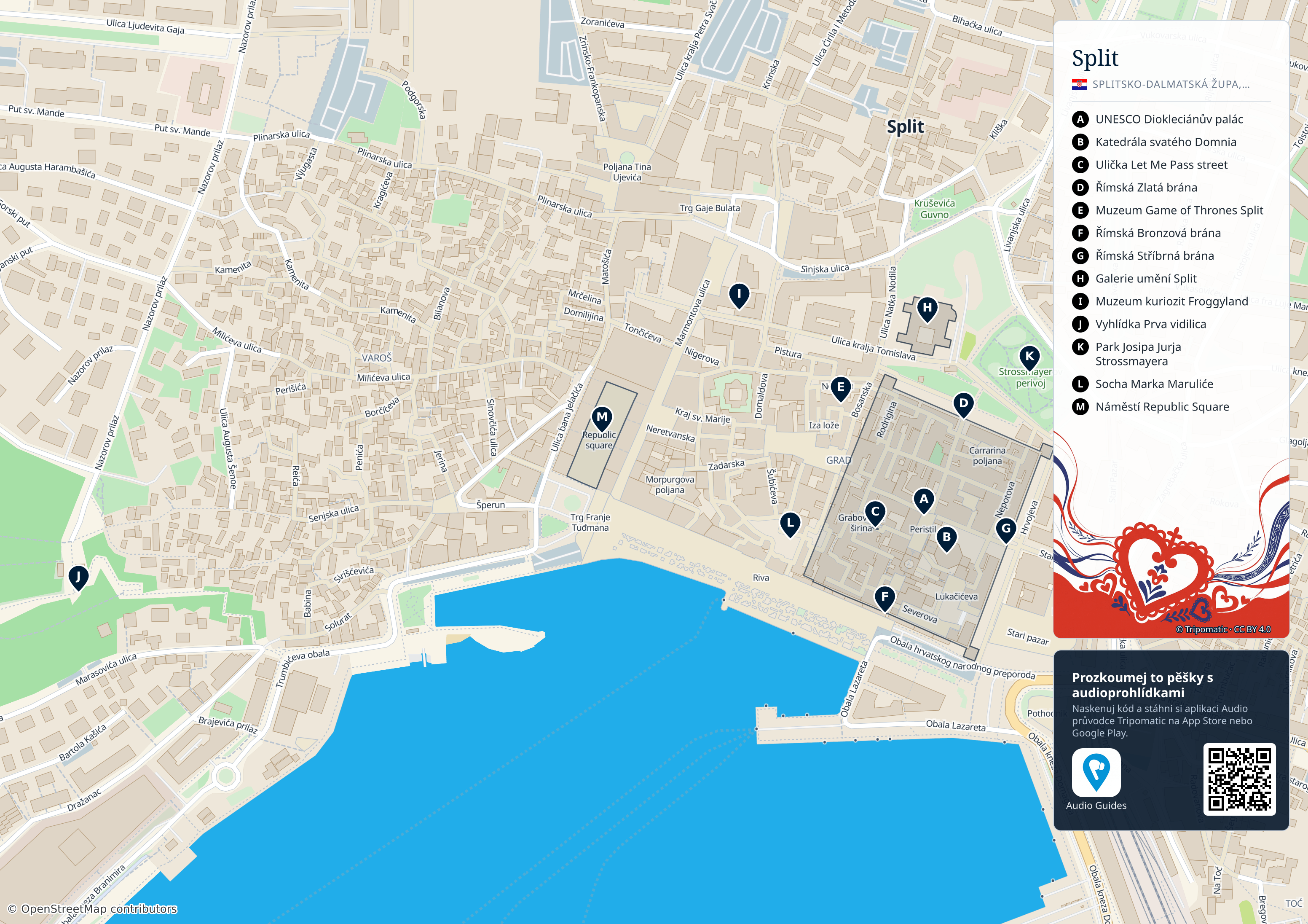 Split – turistická mapa k vytisknutí s očíslovanými hlavními památkami