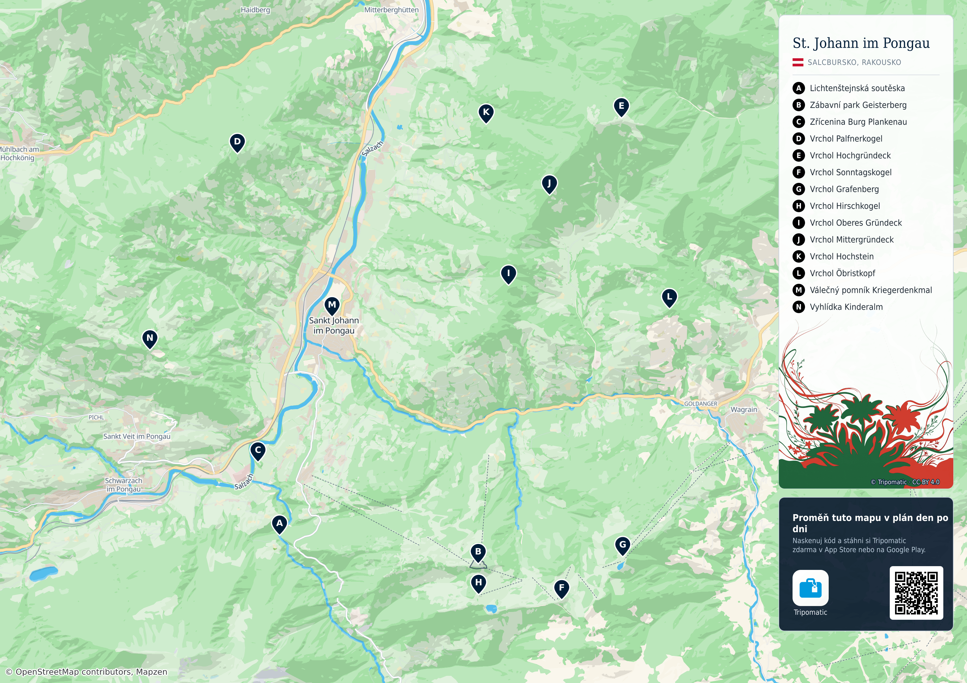 St. Johann im Pongau – turistická mapa k vytisknutí s očíslovanými hlavními památkami