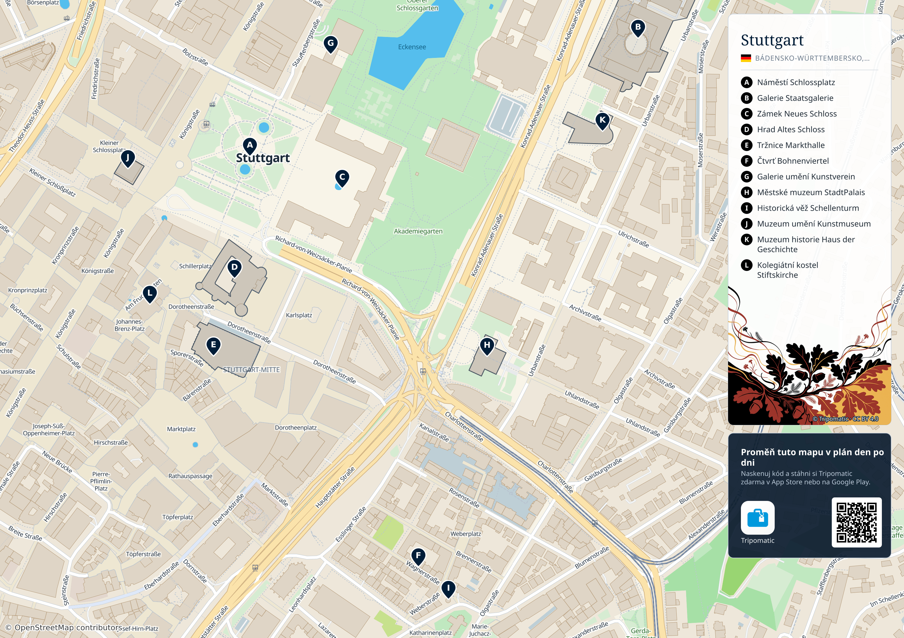 Stuttgart – turistická mapa k vytisknutí s očíslovanými hlavními památkami