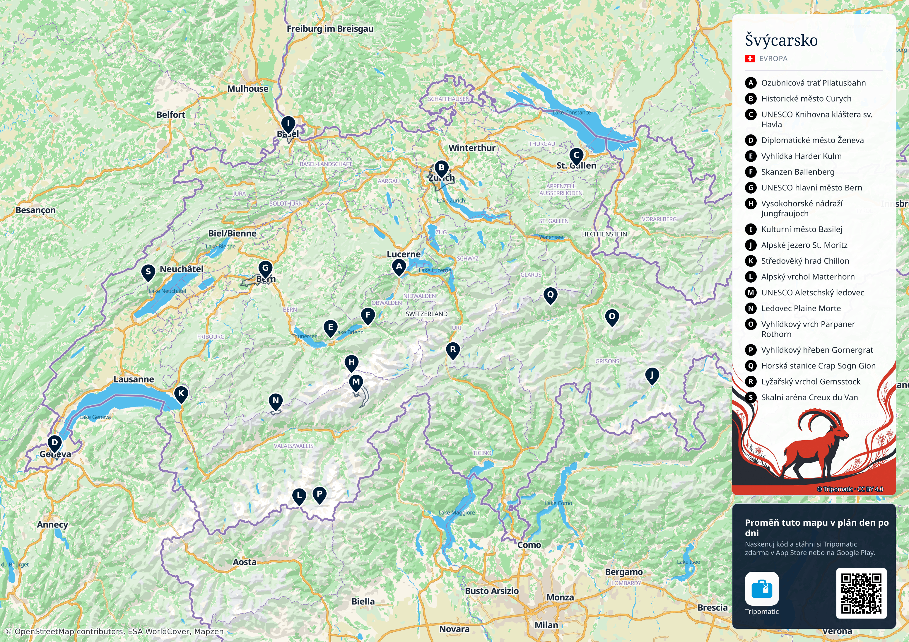 Švýcarsko – turistická mapa k vytisknutí s očíslovanými hlavními památkami