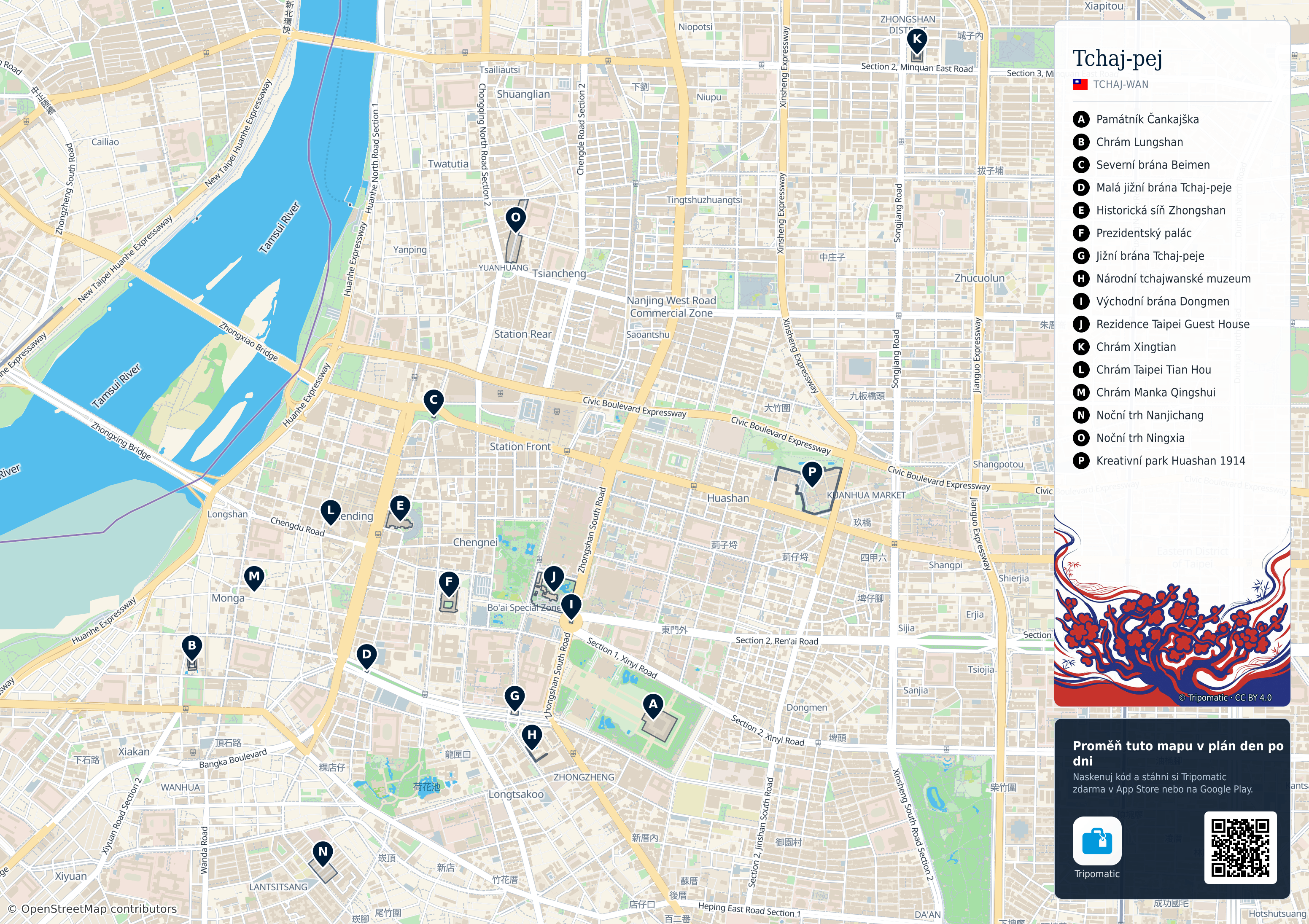 Tchaj-pej – turistická mapa k vytisknutí s očíslovanými hlavními památkami