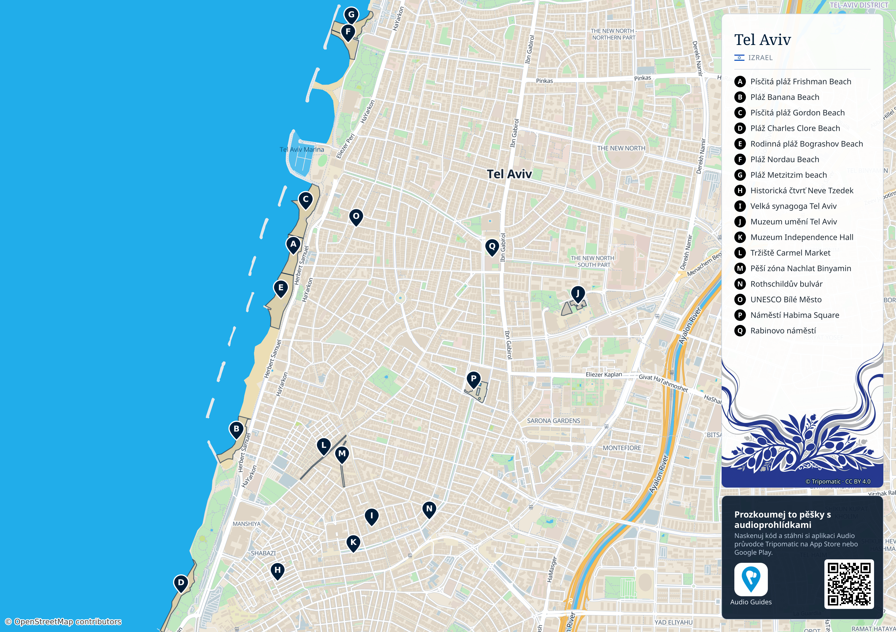 Tel Aviv – turistická mapa k vytisknutí s očíslovanými hlavními památkami