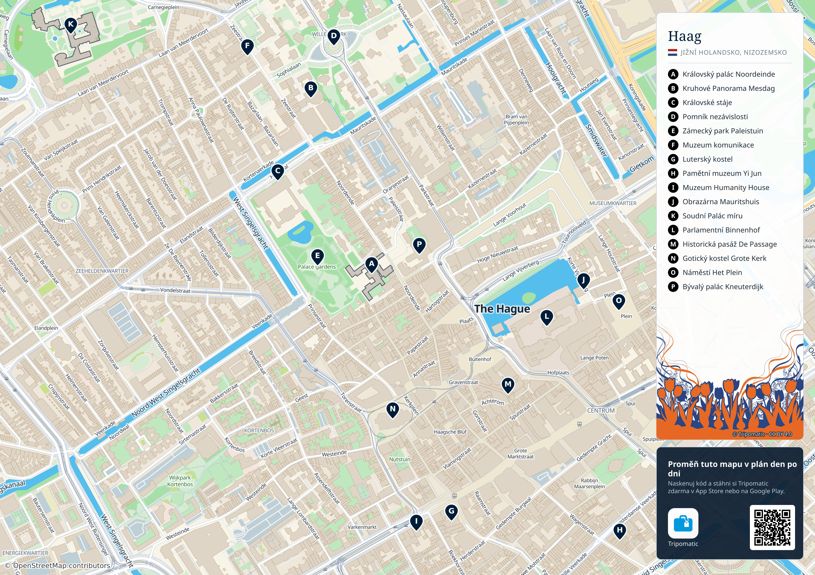 Haag – turistická mapa k vytisknutí s očíslovanými hlavními památkami