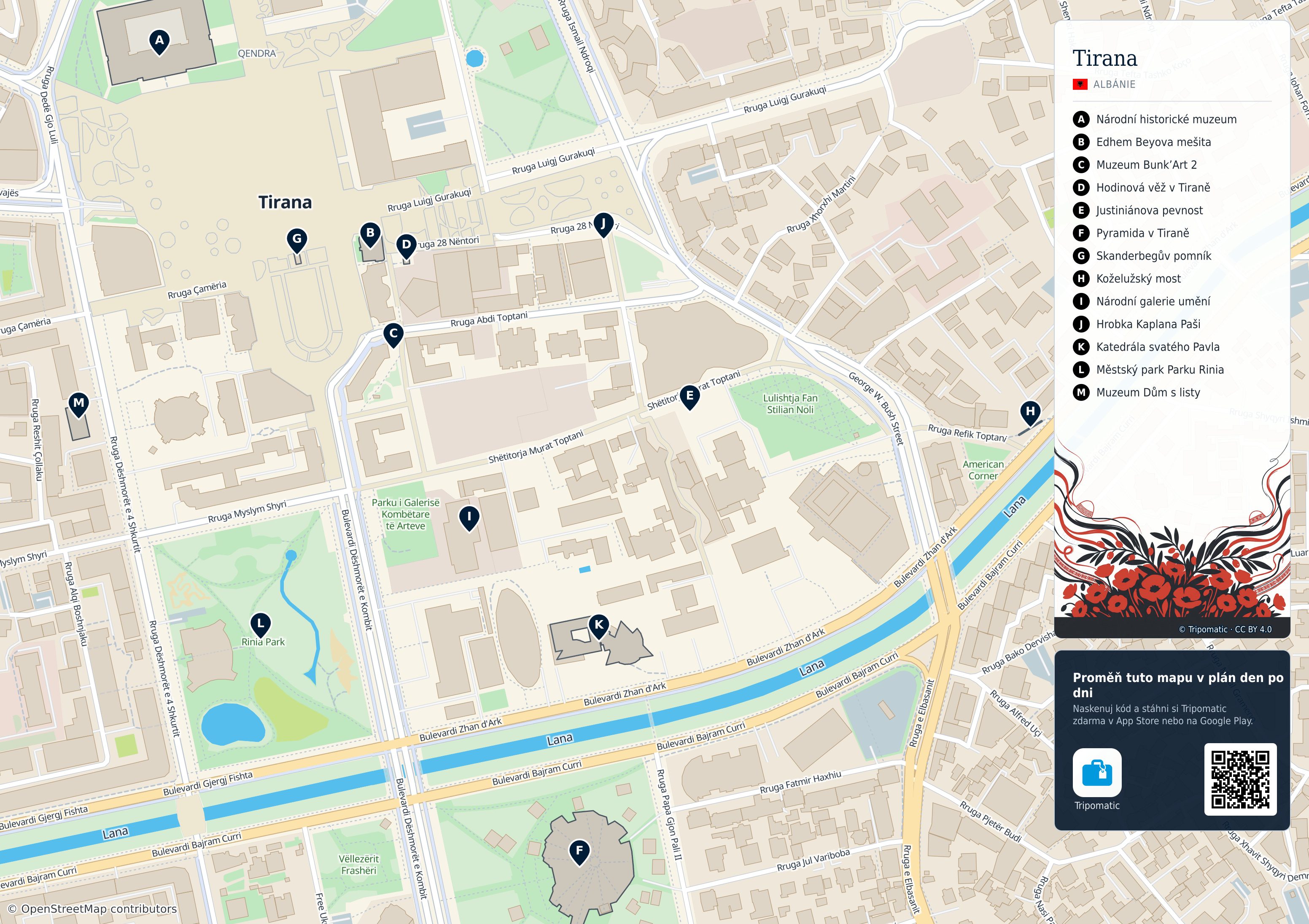 Tirana – turistická mapa k vytisknutí s očíslovanými hlavními památkami