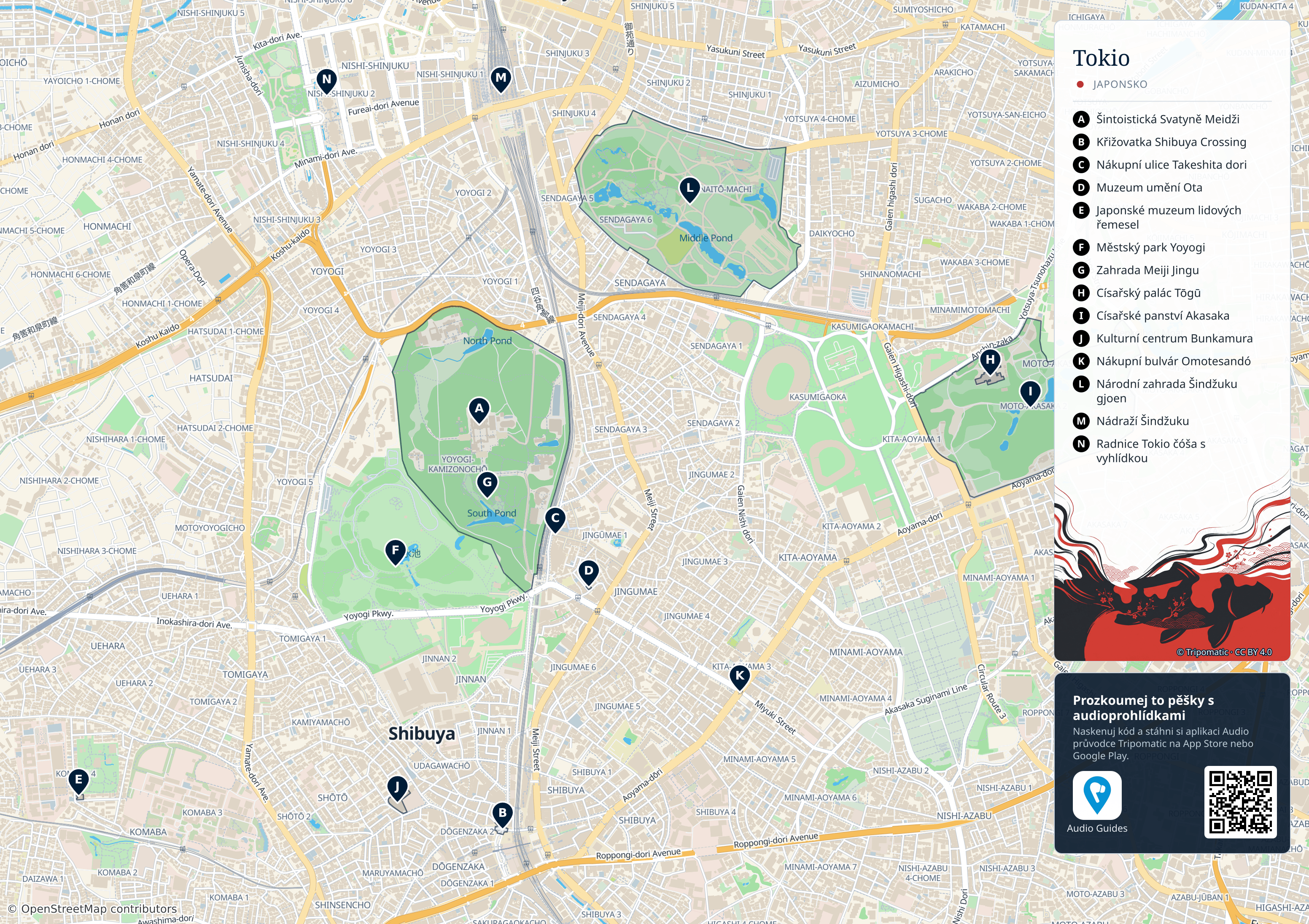 Tokio – turistická mapa k vytisknutí s očíslovanými hlavními památkami
