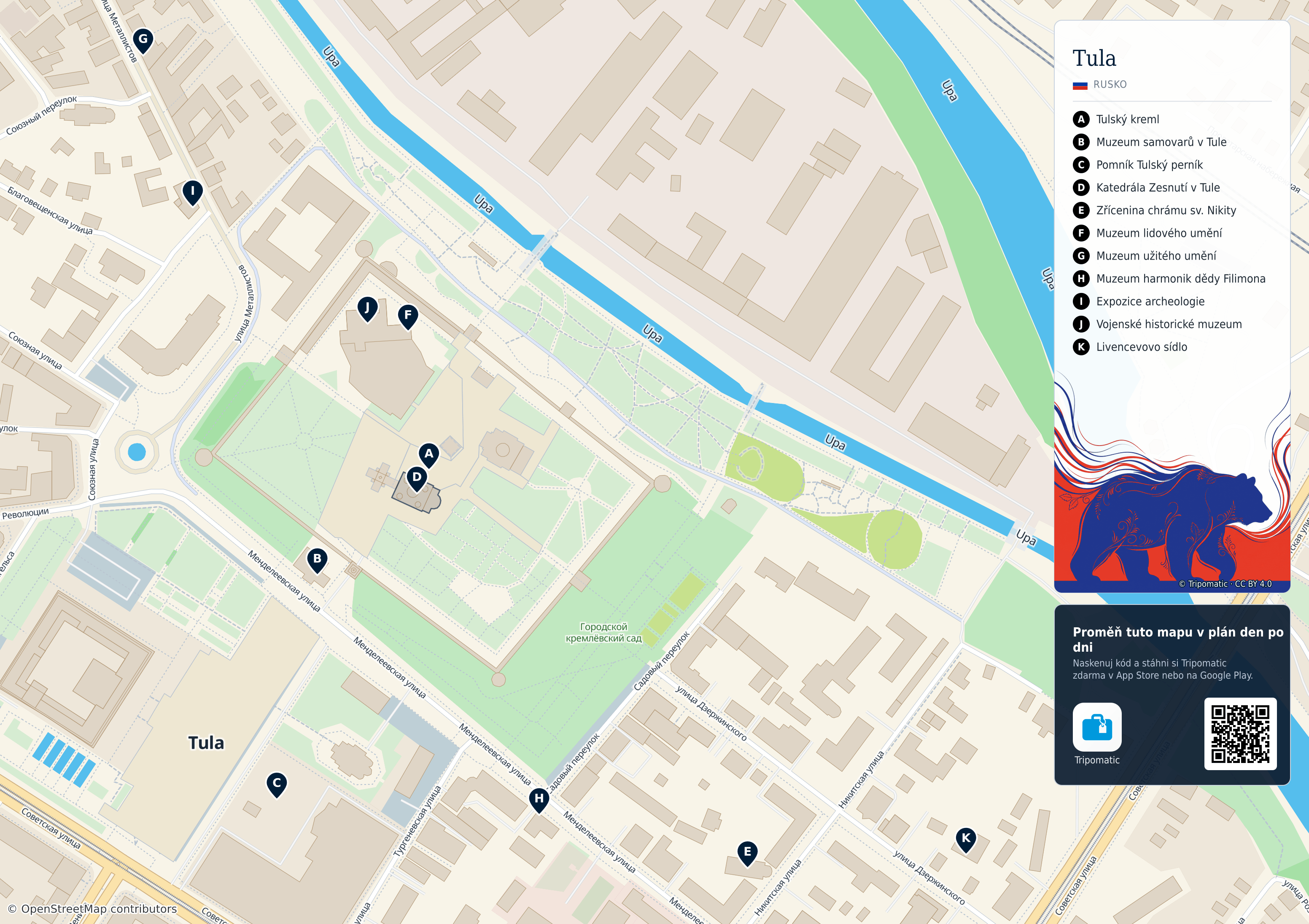 Tula – turistická mapa k vytisknutí s očíslovanými hlavními památkami
