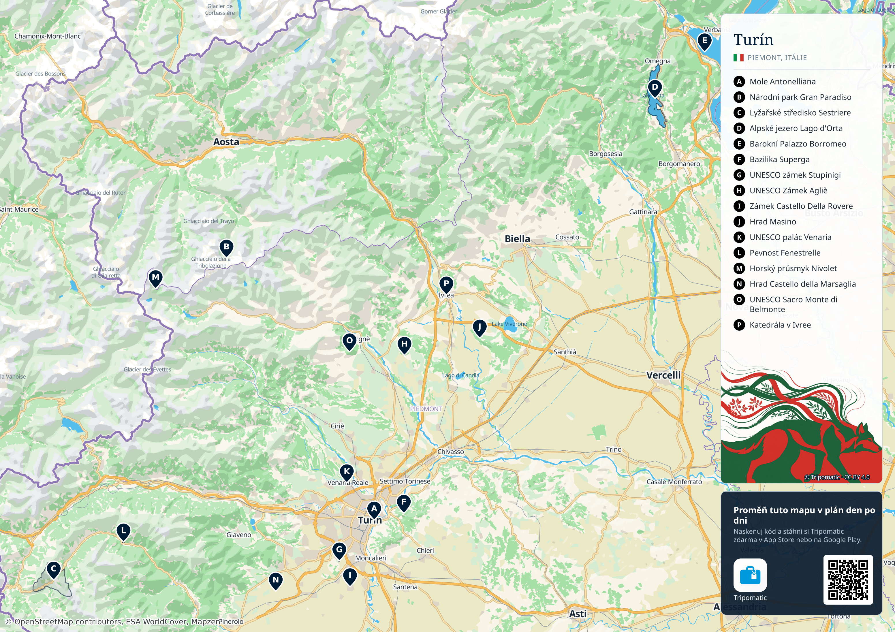 Turín – turistická mapa k vytisknutí s očíslovanými hlavními památkami
