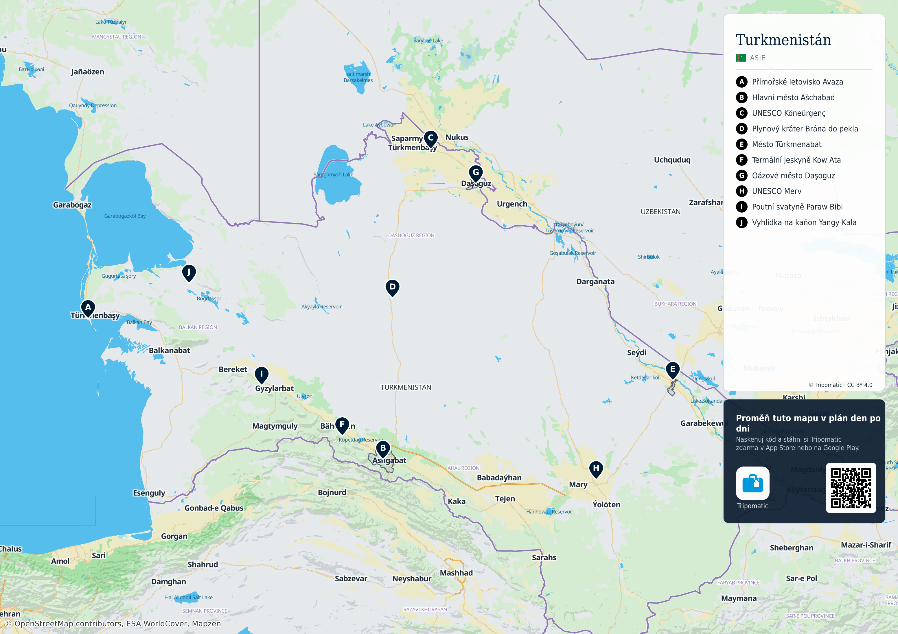 Turkmenistán – turistická mapa k vytisknutí s očíslovanými hlavními památkami