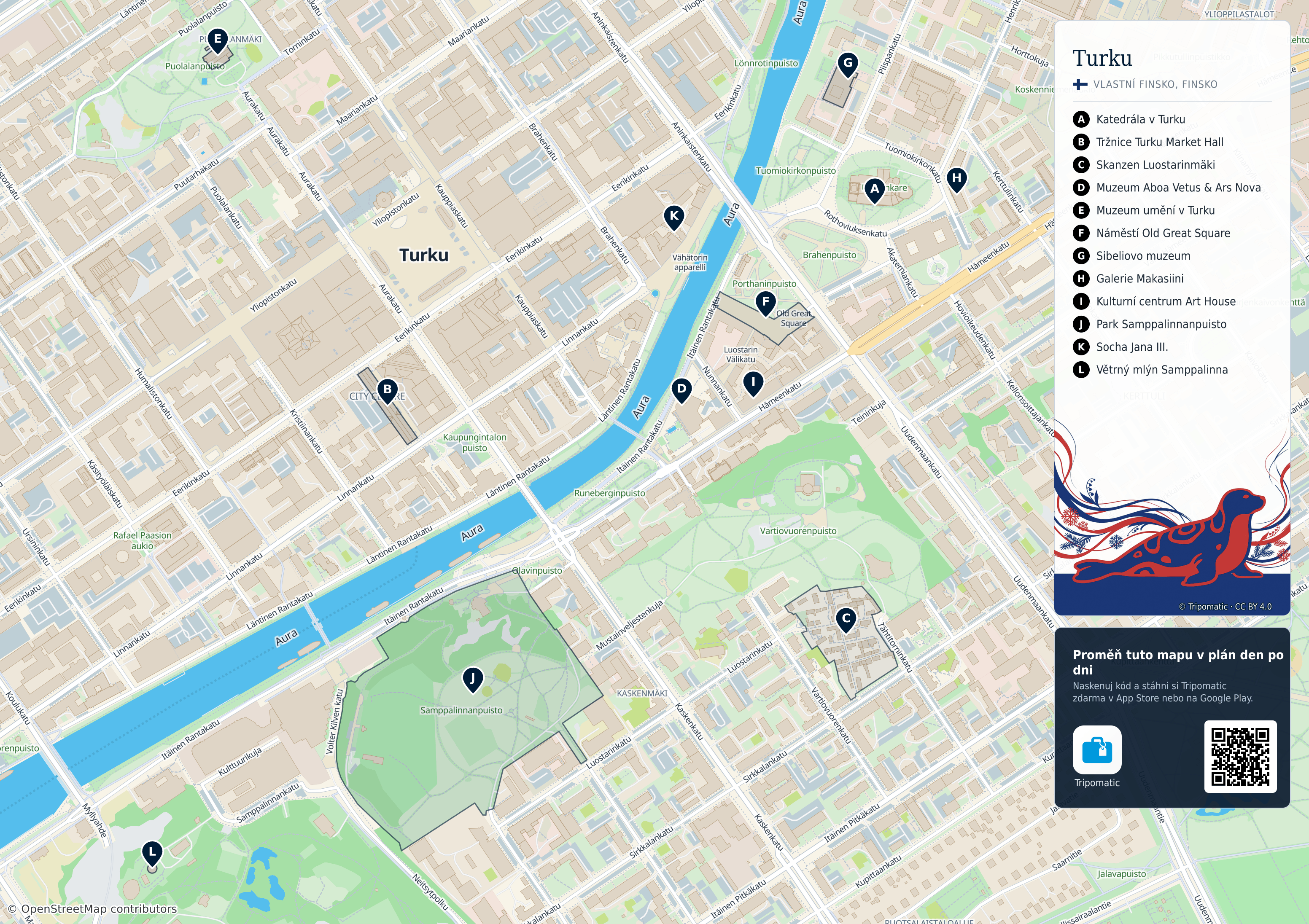 Turku – turistická mapa k vytisknutí s očíslovanými hlavními památkami