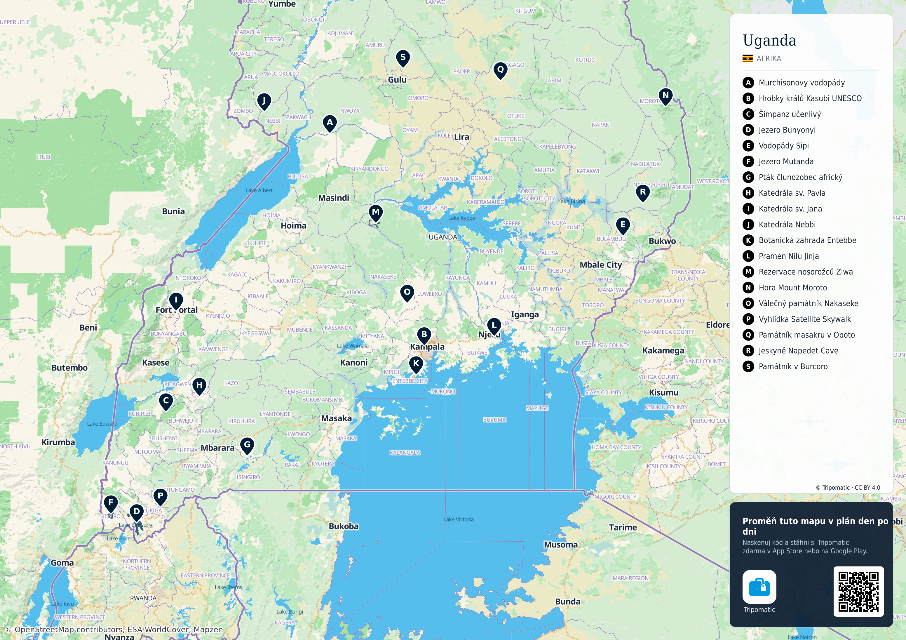Uganda – turistická mapa k vytisknutí s očíslovanými hlavními památkami