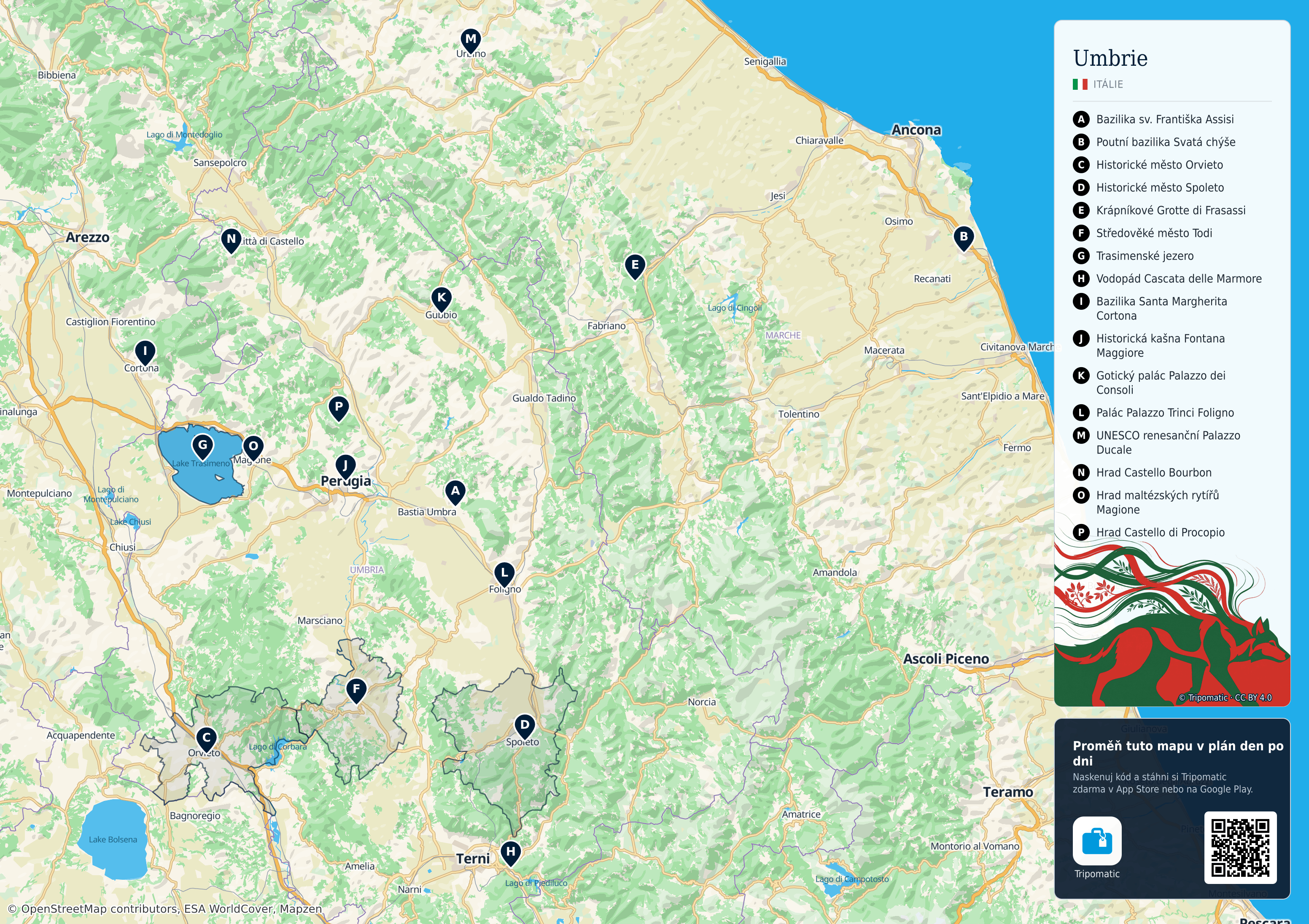 Umbrie – turistická mapa k vytisknutí s očíslovanými hlavními památkami