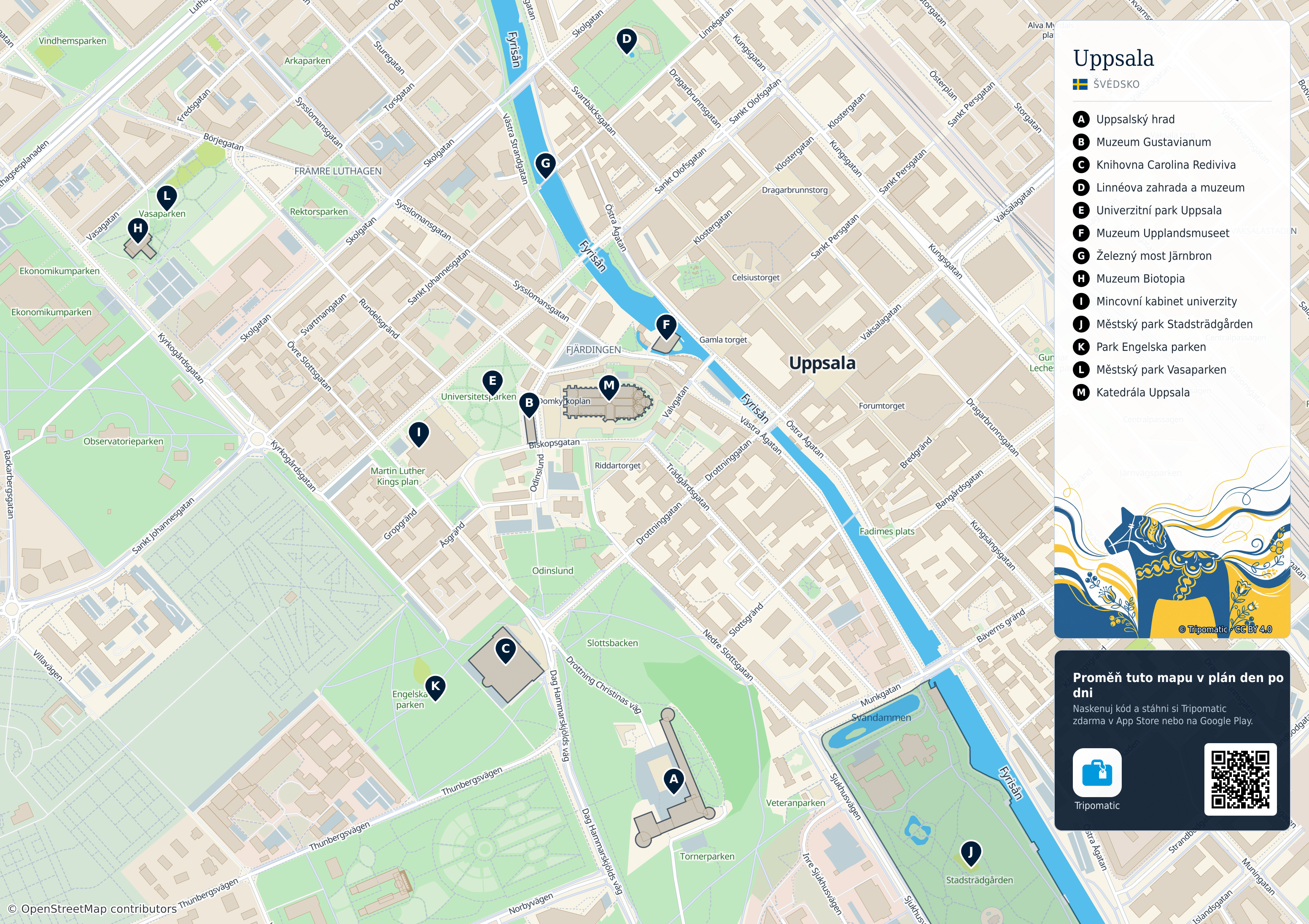Uppsala – turistická mapa k vytisknutí s očíslovanými hlavními památkami