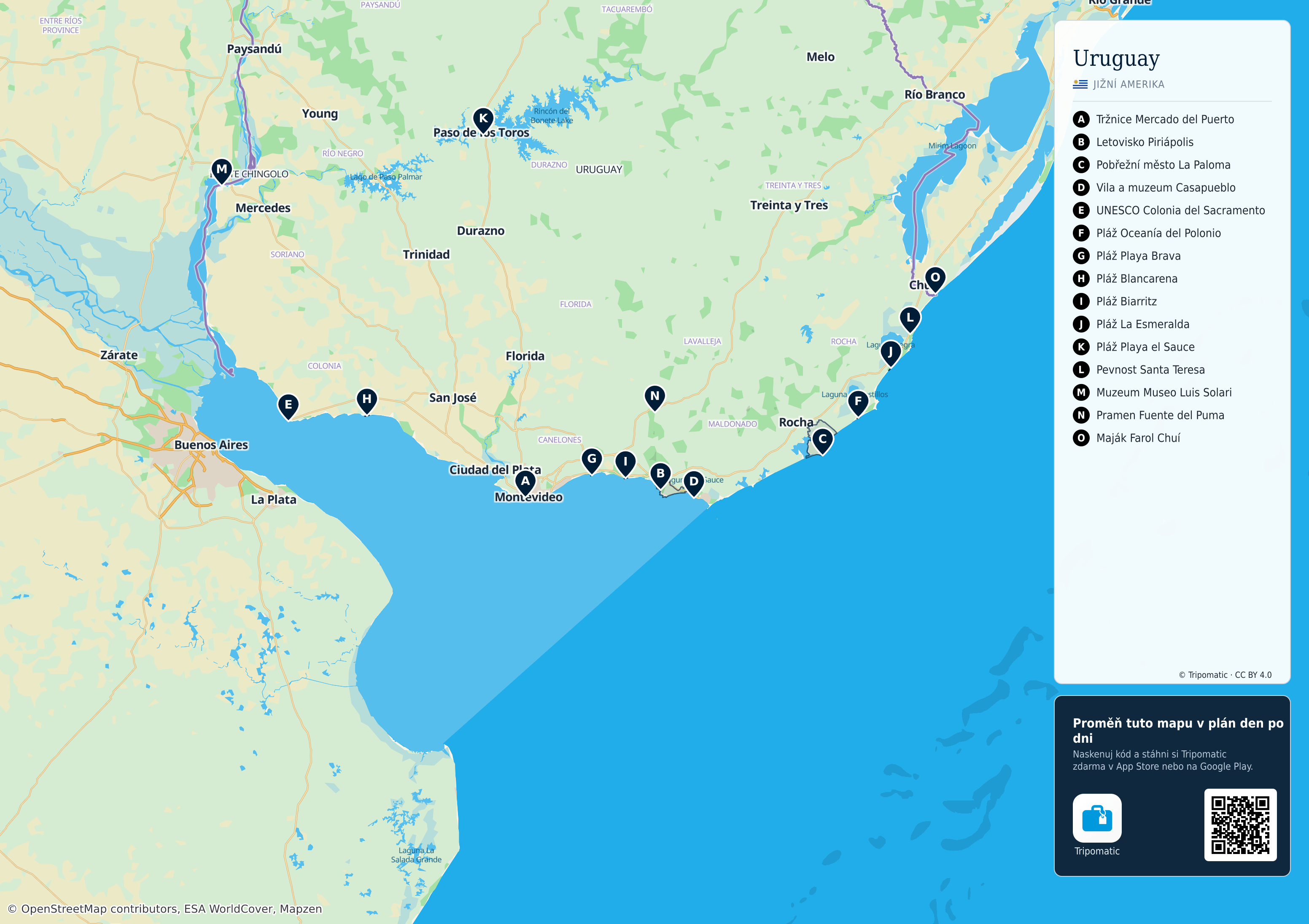 Uruguay – turistická mapa k vytisknutí s očíslovanými hlavními památkami