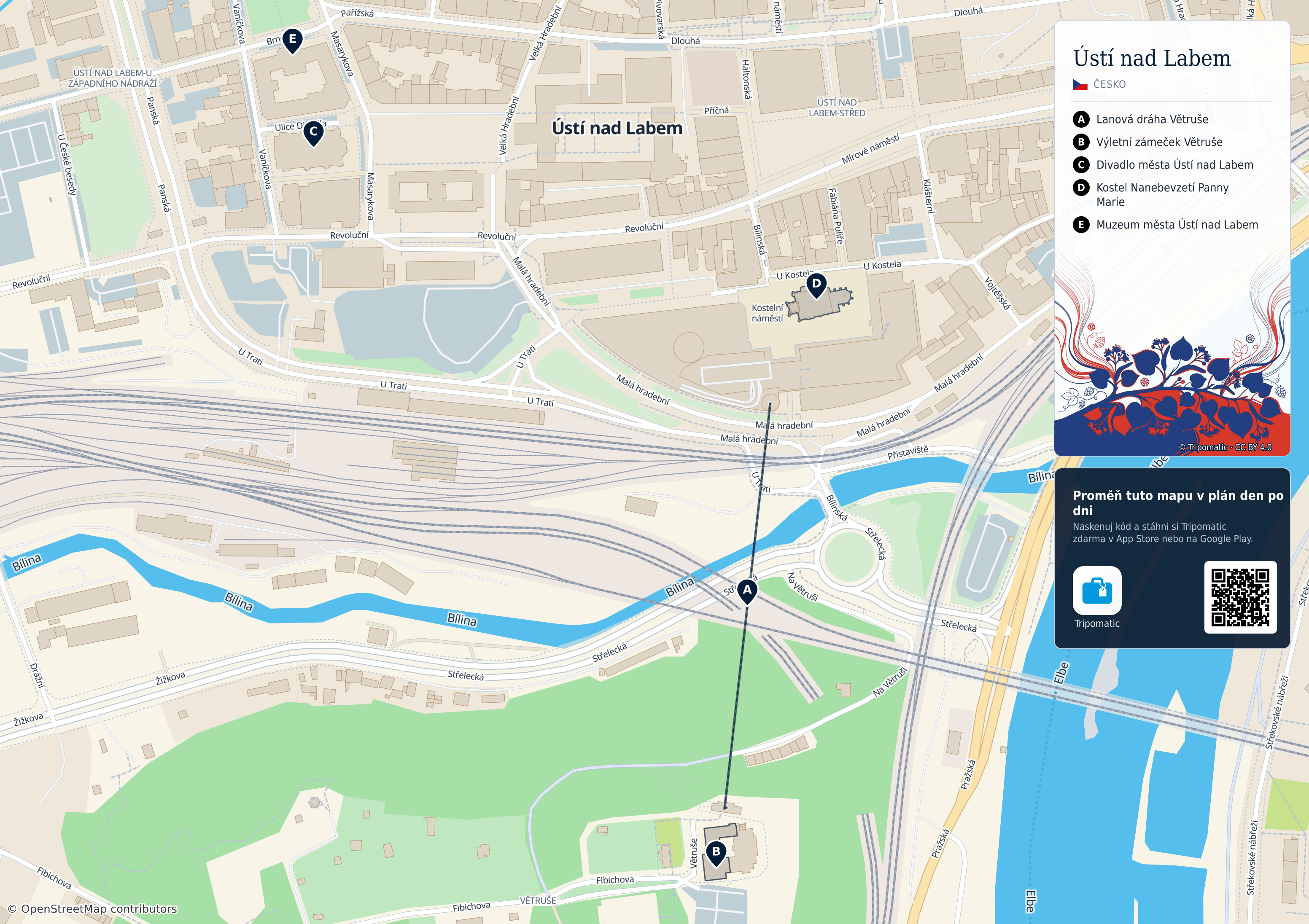 Ústí nad Labem – turistická mapa k vytisknutí s očíslovanými hlavními památkami