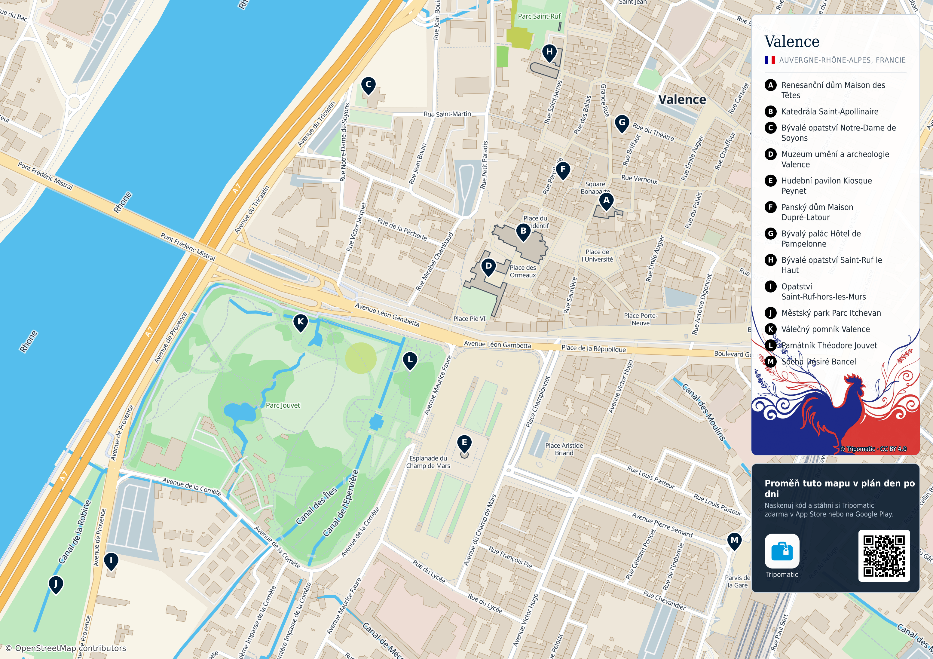Valence – turistická mapa k vytisknutí s očíslovanými hlavními památkami