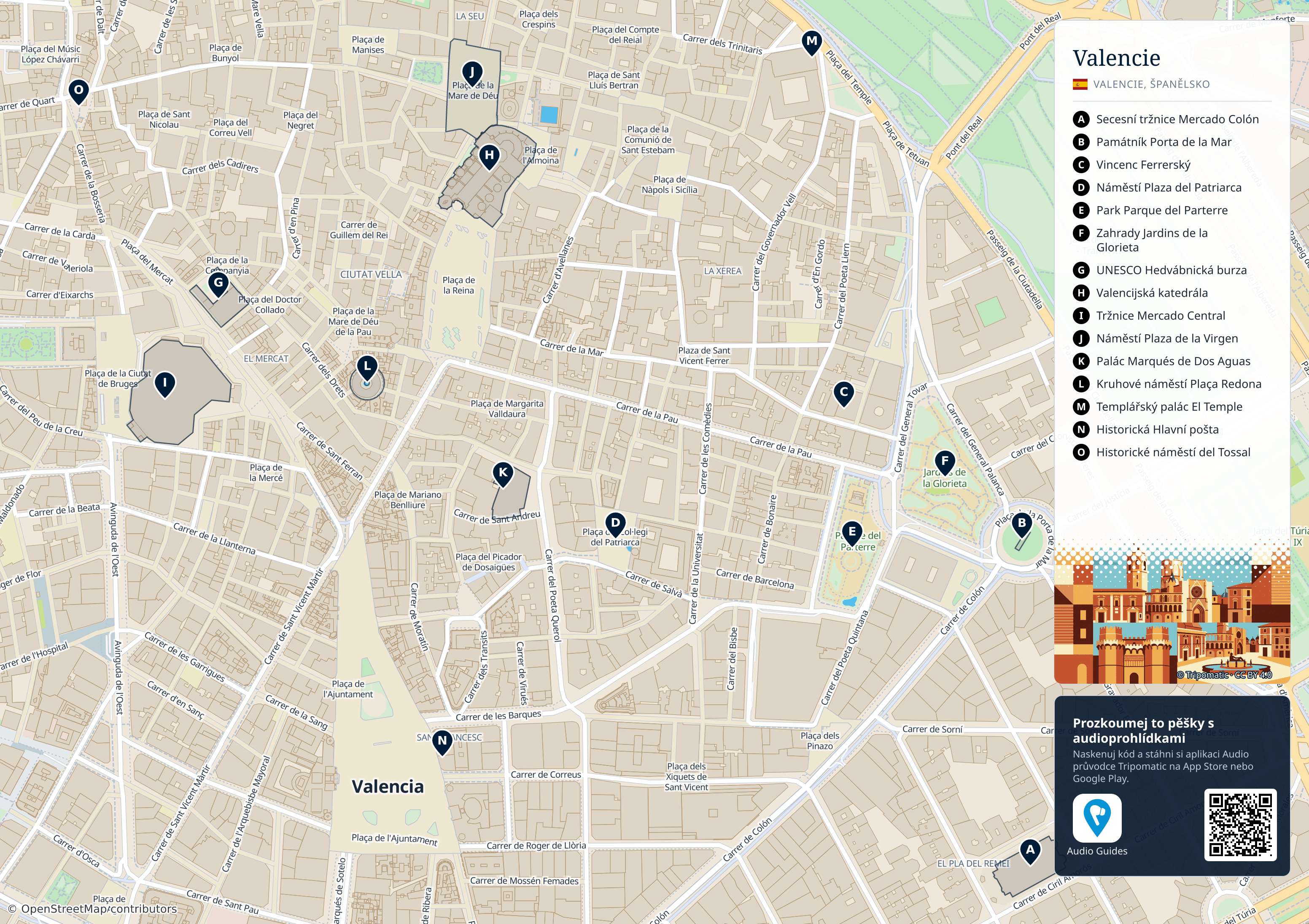 Valencie – turistická mapa k vytisknutí s očíslovanými hlavními památkami