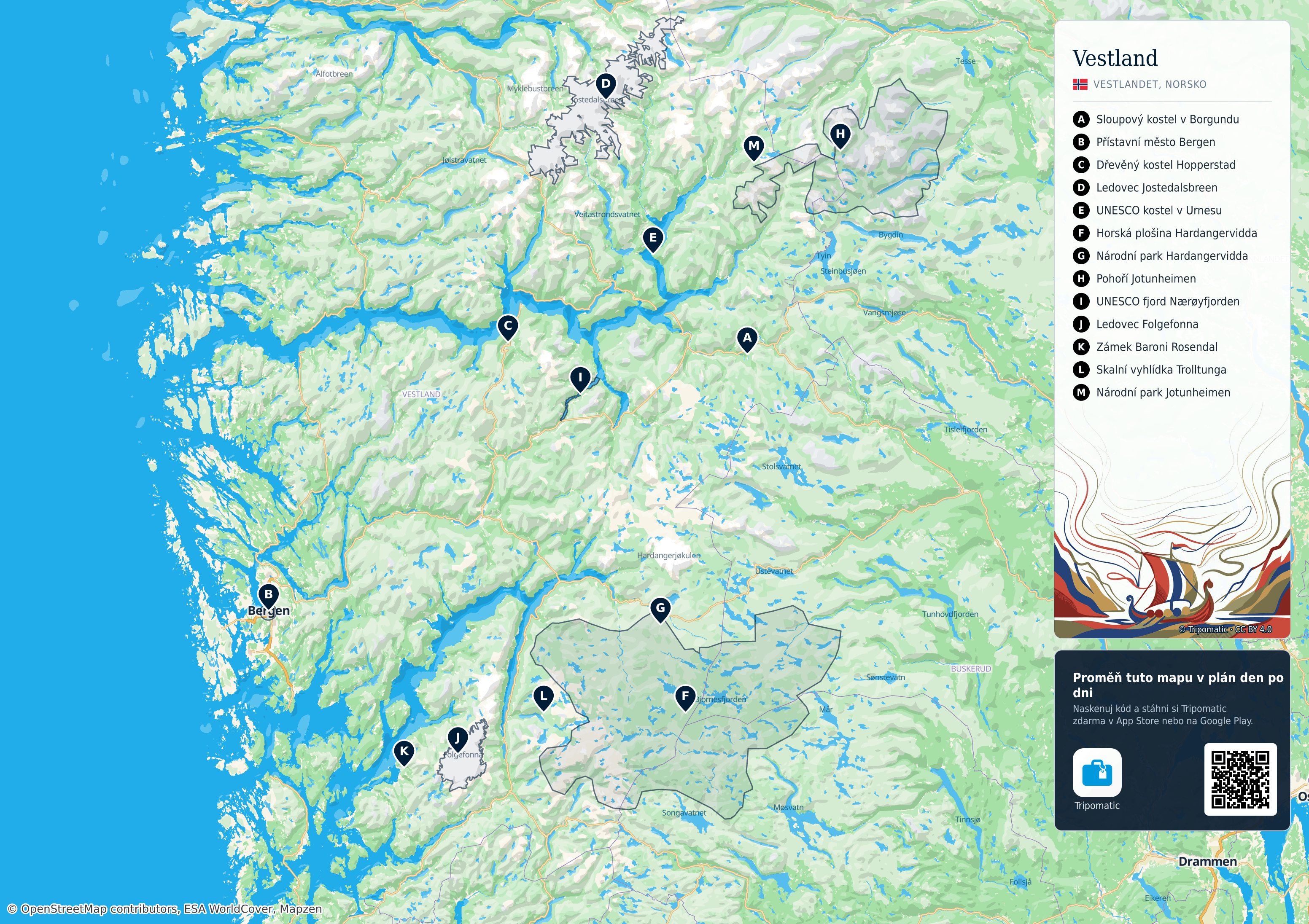 Vestland – turistická mapa k vytisknutí s očíslovanými hlavními památkami