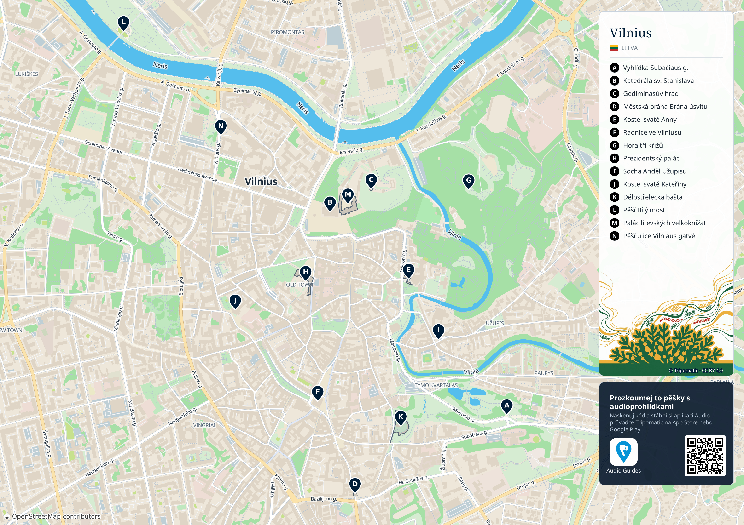 Vilniuská městská samospráva – turistická mapa k vytisknutí s očíslovanými hlavními památkami
