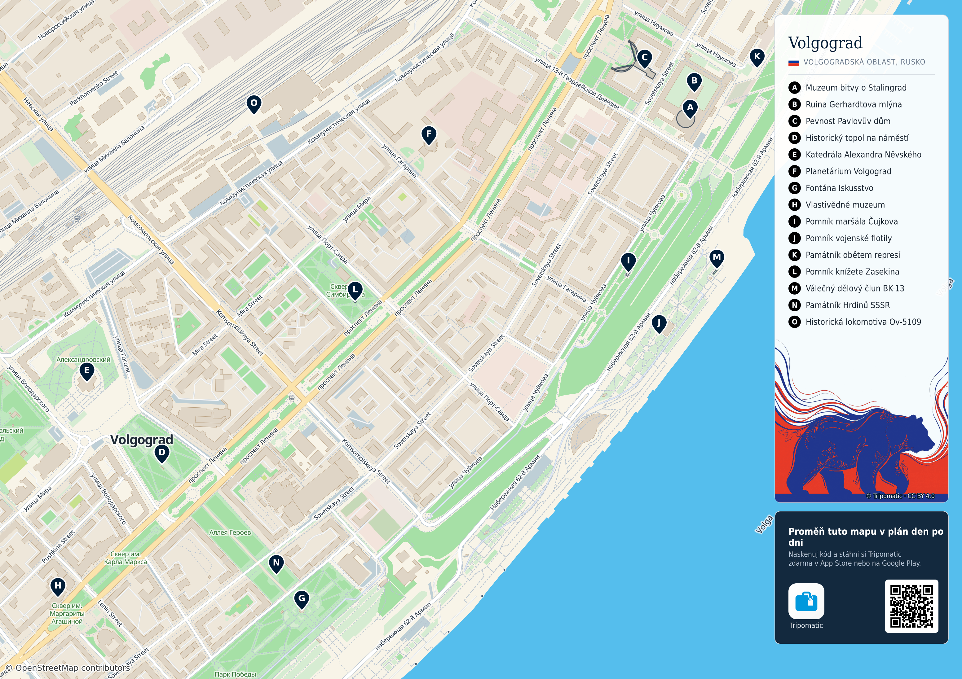 Volgograd – turistická mapa k vytisknutí s očíslovanými hlavními památkami