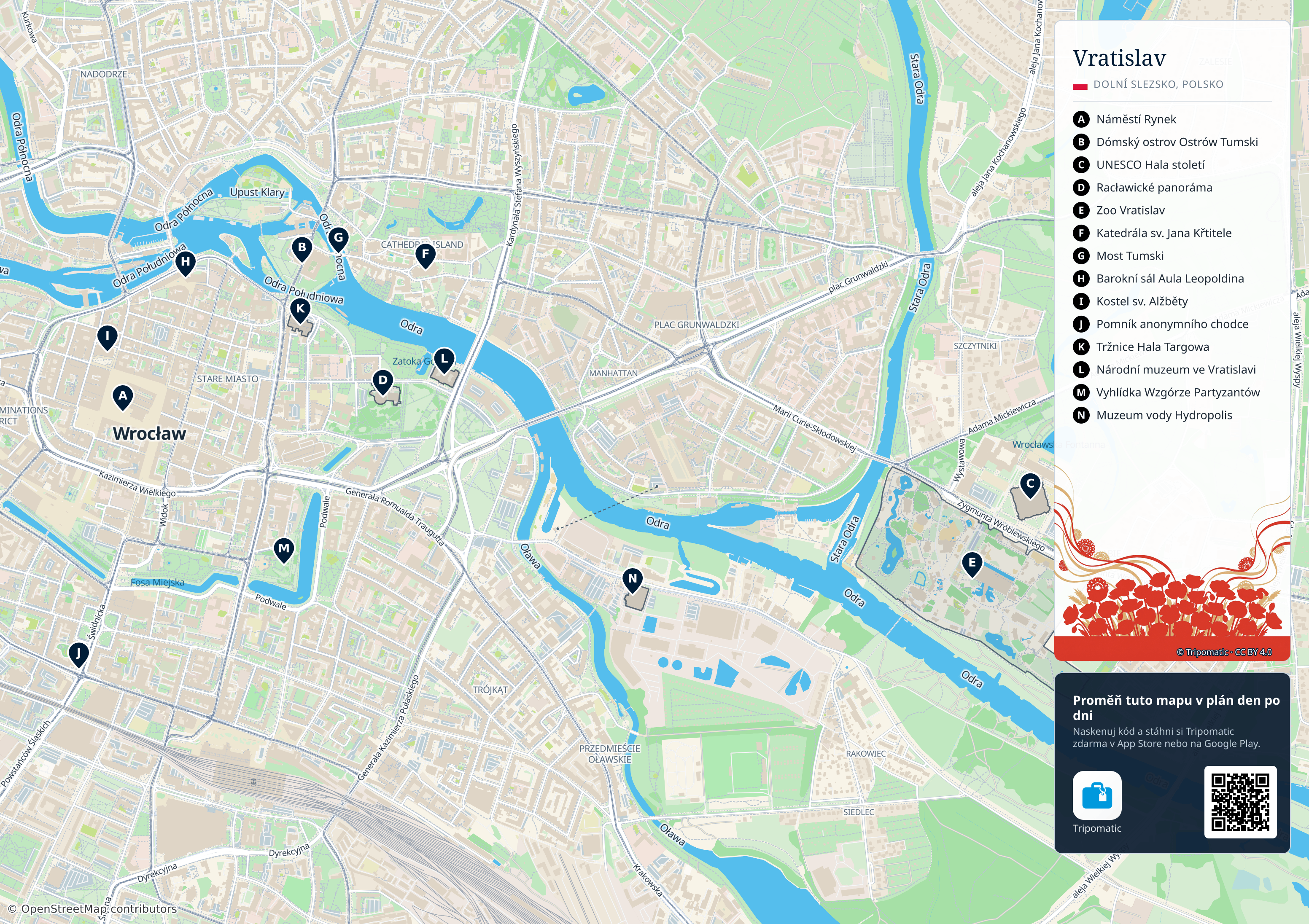 Vratislav – turistická mapa k vytisknutí s očíslovanými hlavními památkami