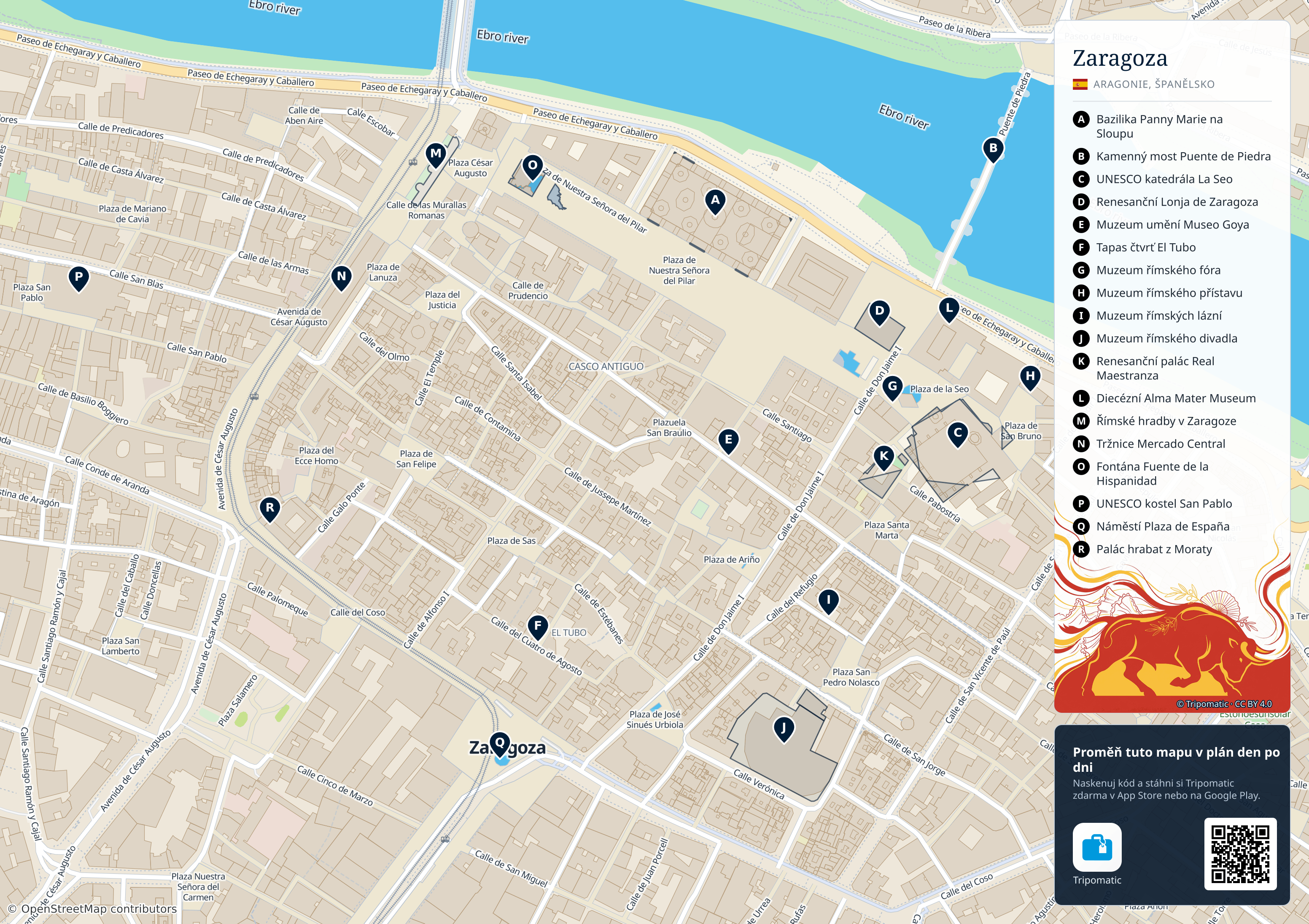 Zaragoza – turistická mapa k vytisknutí s očíslovanými hlavními památkami