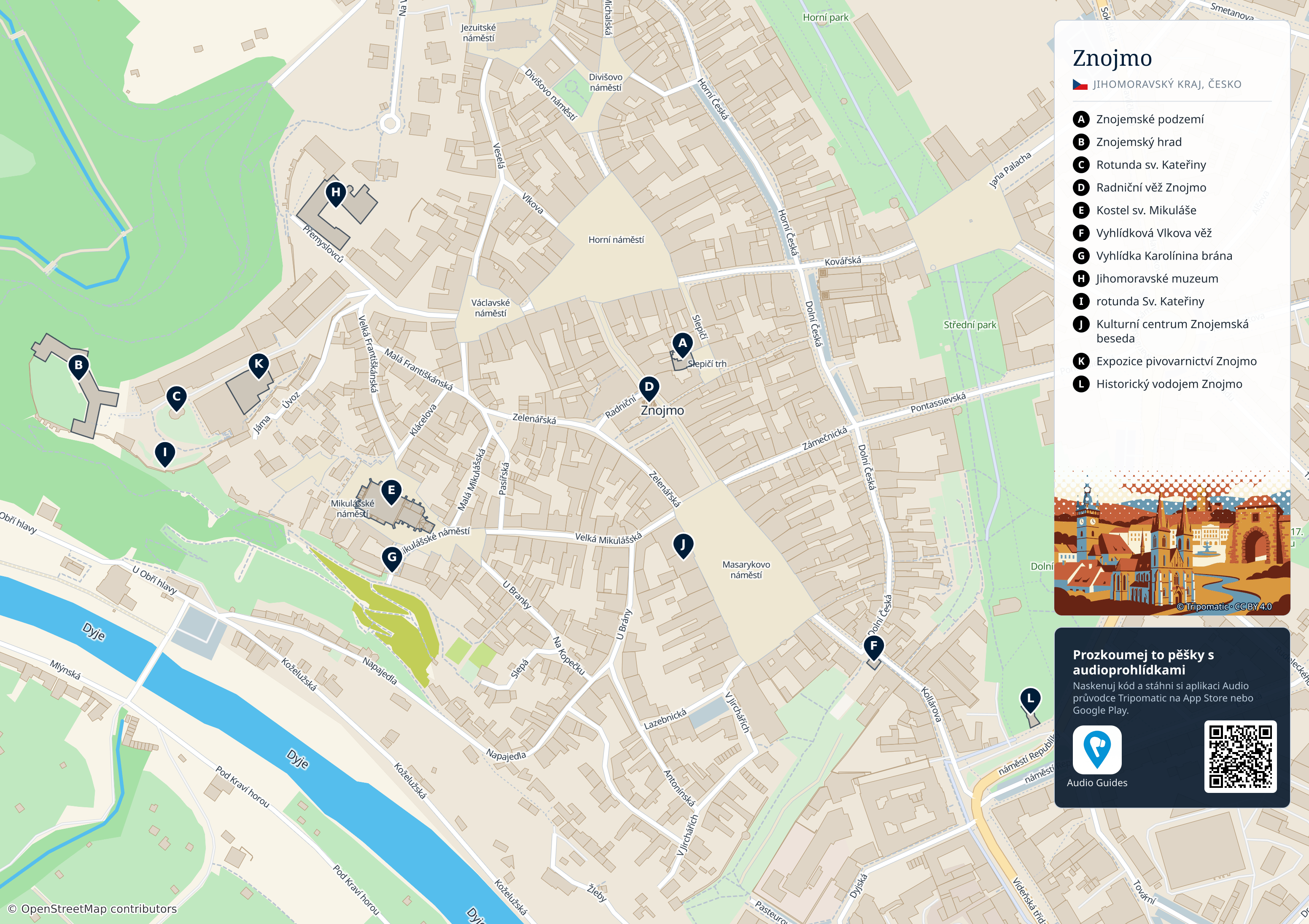 Znojmo – turistická mapa k vytisknutí s očíslovanými hlavními památkami
