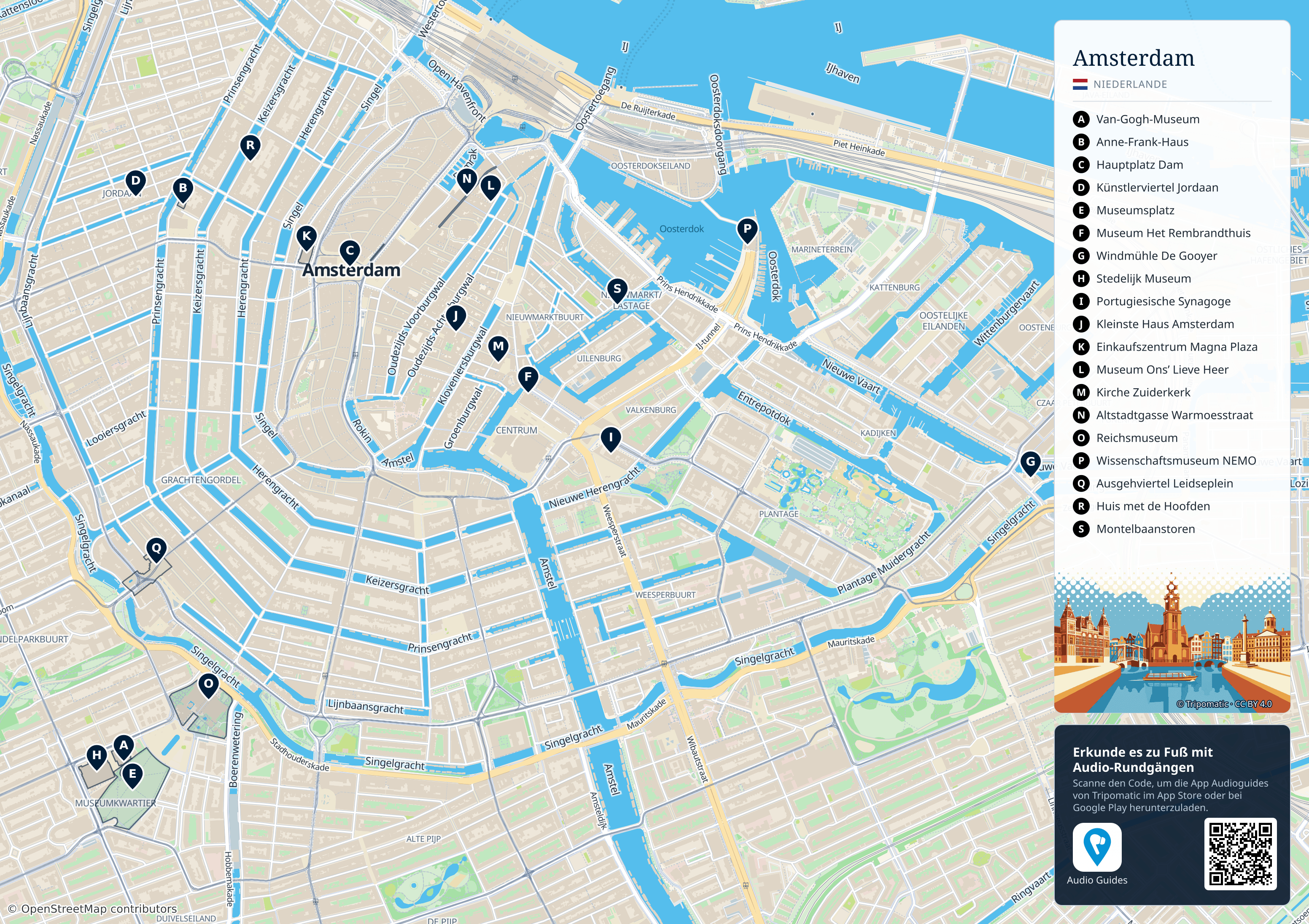 Amsterdam – Touristenkarte zum Ausdrucken mit nummerierten Sehenswürdigkeiten