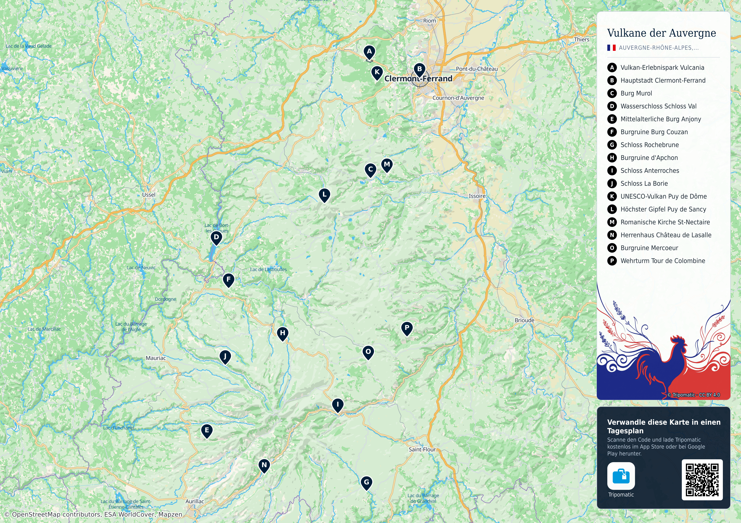 Regionaler Naturpark Vulkane der Auvergne – Touristenkarte zum Ausdrucken mit nummerierten Sehenswürdigkeiten